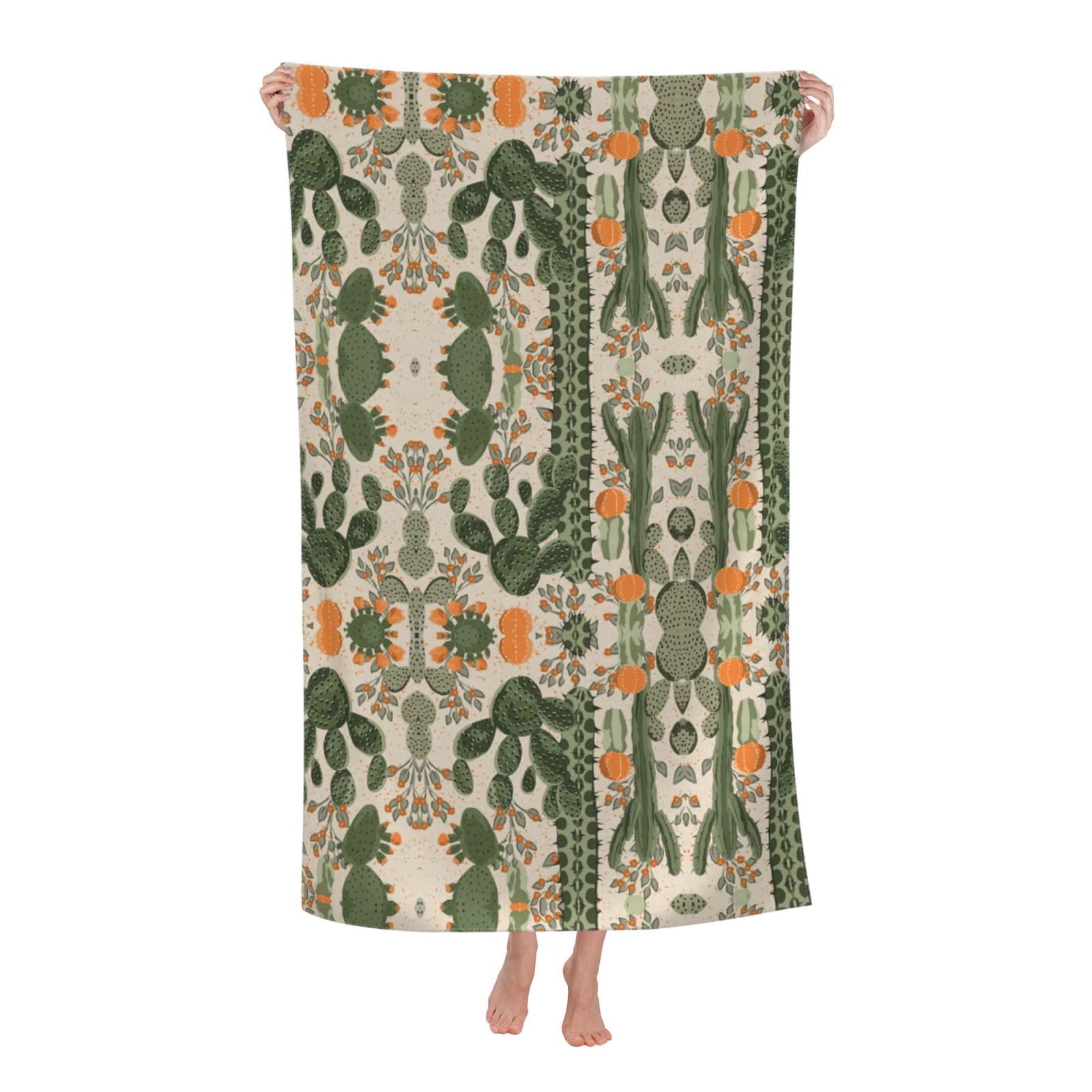 Oazcvbnn Women's White Green Cactus Print Adult Beach Towel Summer Travel Pool Vacation Swimming Fitness Outdoor Adventures
