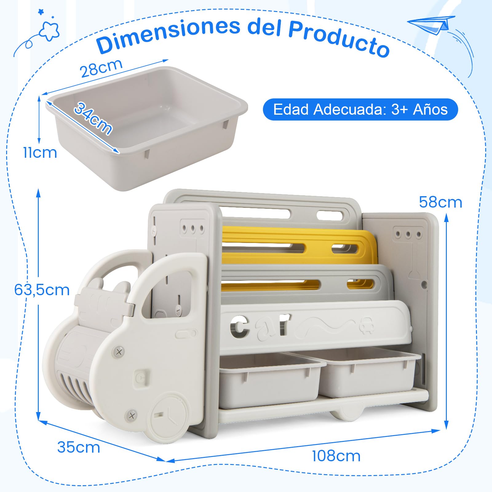 GOPLUS Estantería para Libros Infantil de Plástico en Forma de Coche, Organizador para Juguetes con 3 Estantes, 2 Cajas Extraíbles Y Superficie de Almacenamiento, para Habitaciones Infantiles