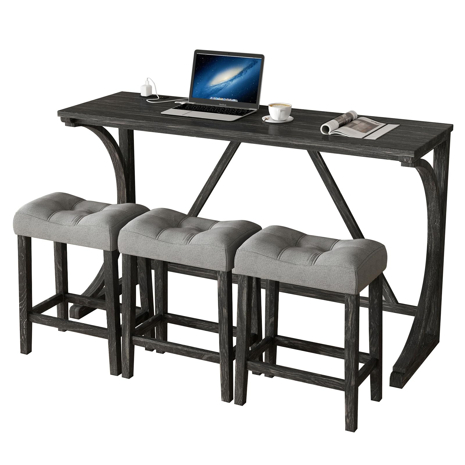 HMFULE 4 Piece Bar Table Set with Power Outlet, 59'' Dining Bar Table and Chairs Set, Industrial Breakfast Table with 3 Padded Stools for Living Room