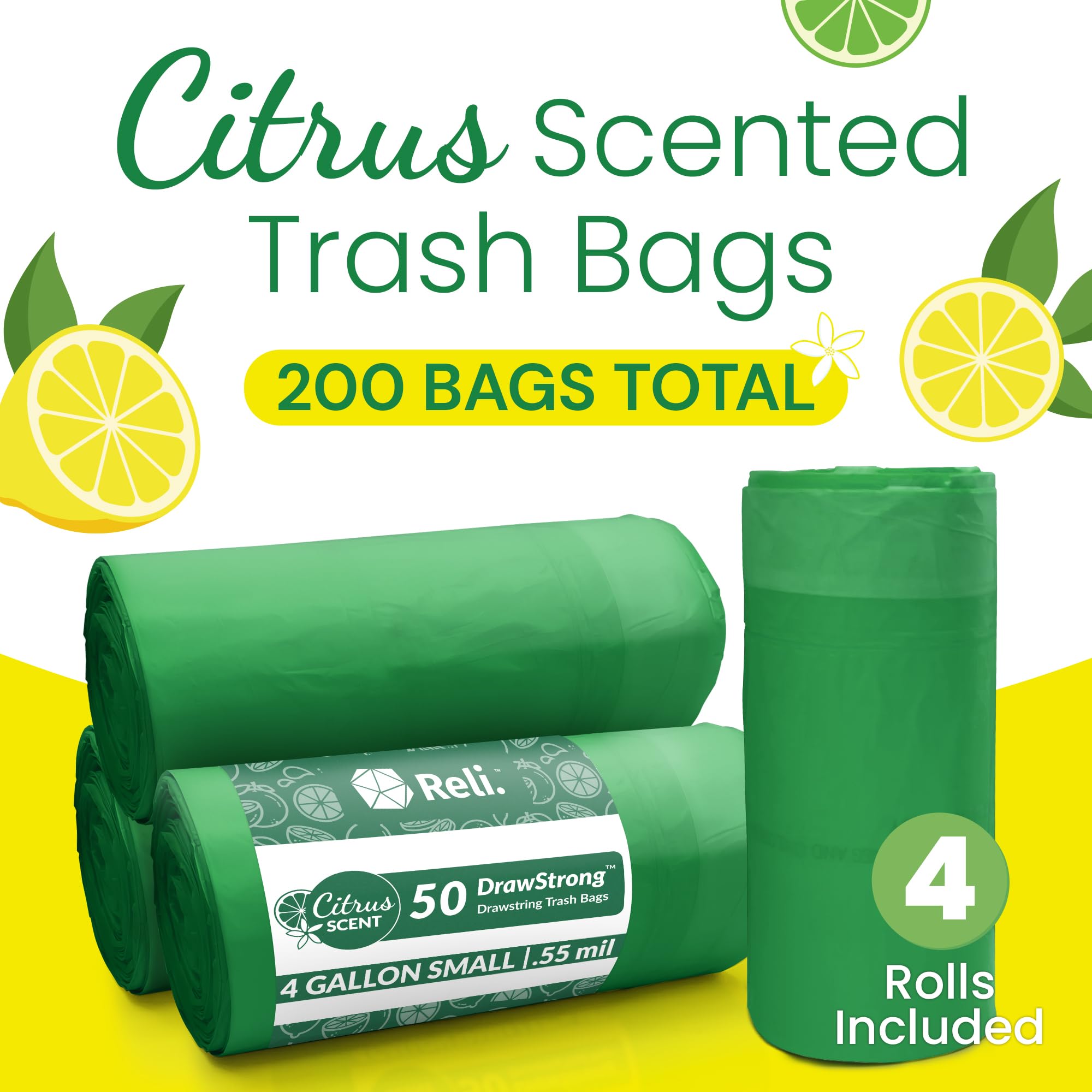 Reli. 4 Gallon Trash Bags Drawstring (200 Count Bulk) | Citrus Scented Small Trash Bags | Garbage Liners for Bathroom Can | 2 Gal - 3 Gallon - 4 Gal Small Can Liners (Green)