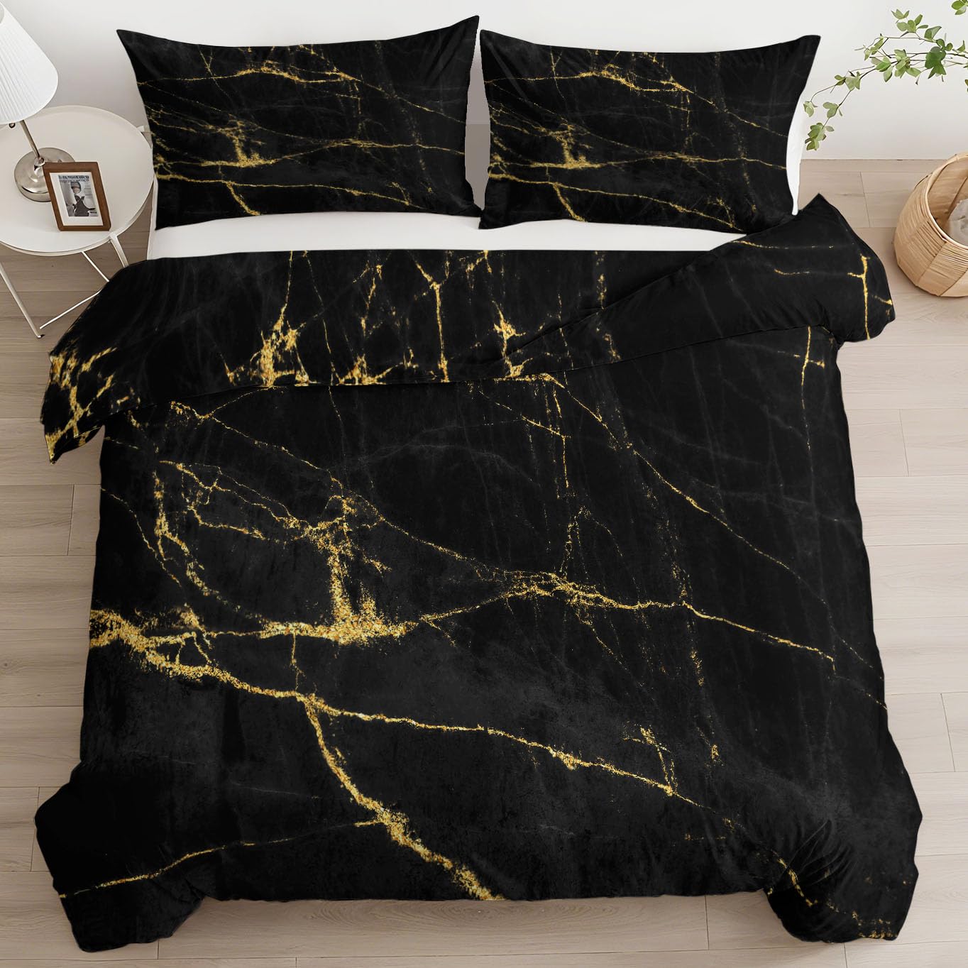 Bettwäsche 180x200 cm Marmor Schwarz Gold 3 Teilig Bettwäsche Bettbezug Set Mikrofaser Bettbezüge für Erwachsene Kinder, Deckenbezug mit 2 Kissenbezug 80x80 cm