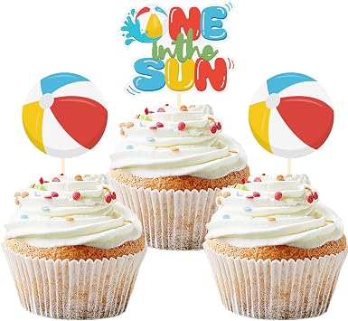 24 Pack One In The Sun 1st Birthday Party Cupcake Toppers, Summer Pool Party Beach Ball Sunshine 1st Birthday Party Decorations One In The Sun 1st Birthday