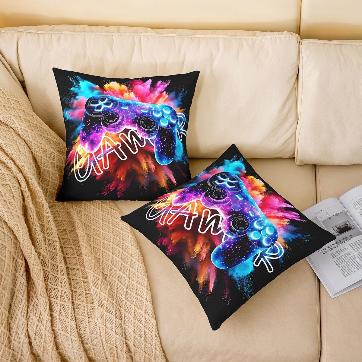 Manfei Game Controller Throw Pillow Cover Gamer Light Starry Sky Double-Sided Pillow Case Bedroom Living Room Gaming Style Gamepad Cushion Cover for Bed Couch Soft Pillowcases,24x24 Inches Black Red image 2