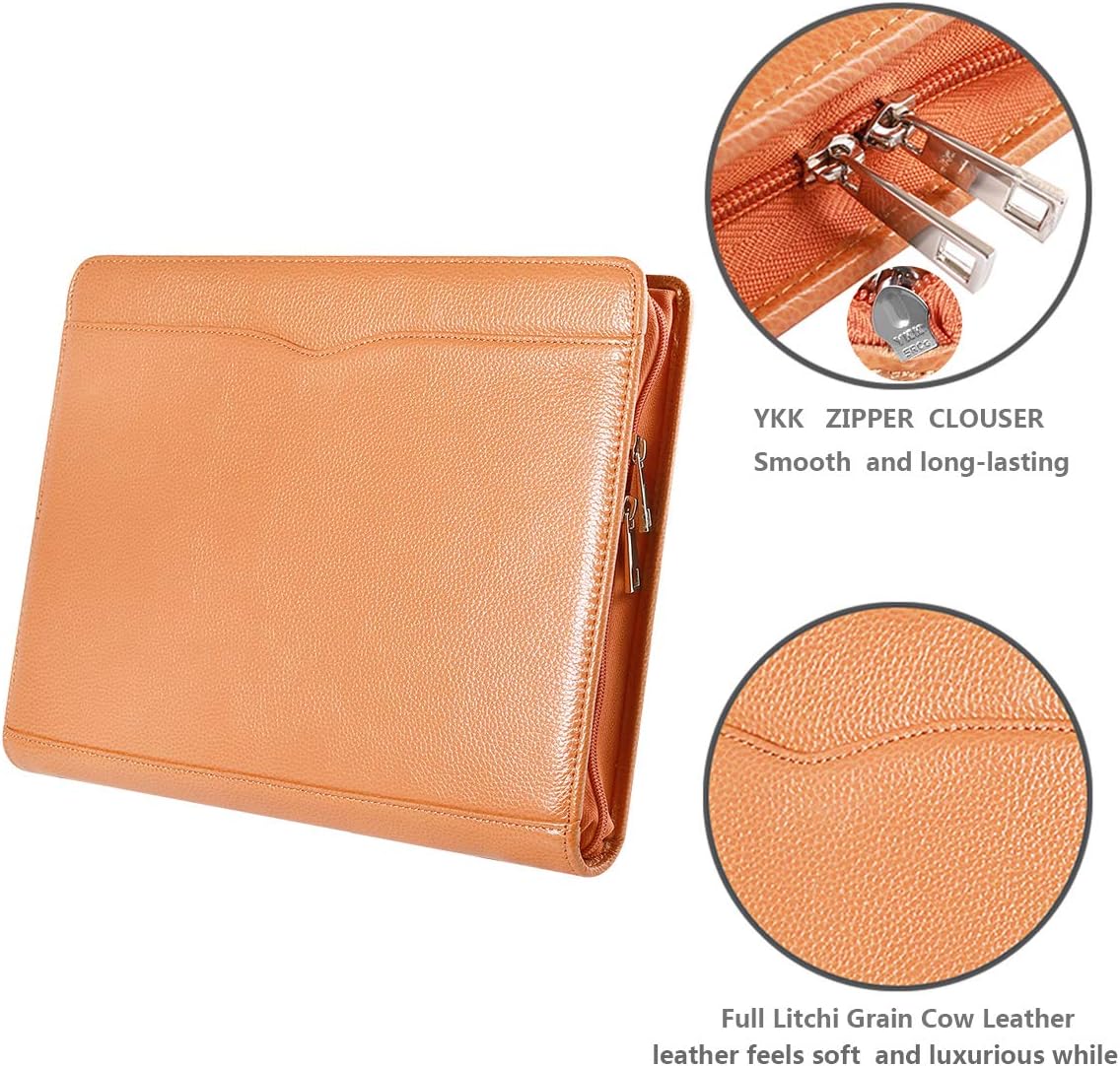 YIWEN Handmade Leather Portfolio 3 Ring Binder, Front Pocket, Padfolio for 12.9” Tablet, Letter Size Notepad Holder, Professional Business Travel Organizer (Brown, Lychee Grain Cowhide)