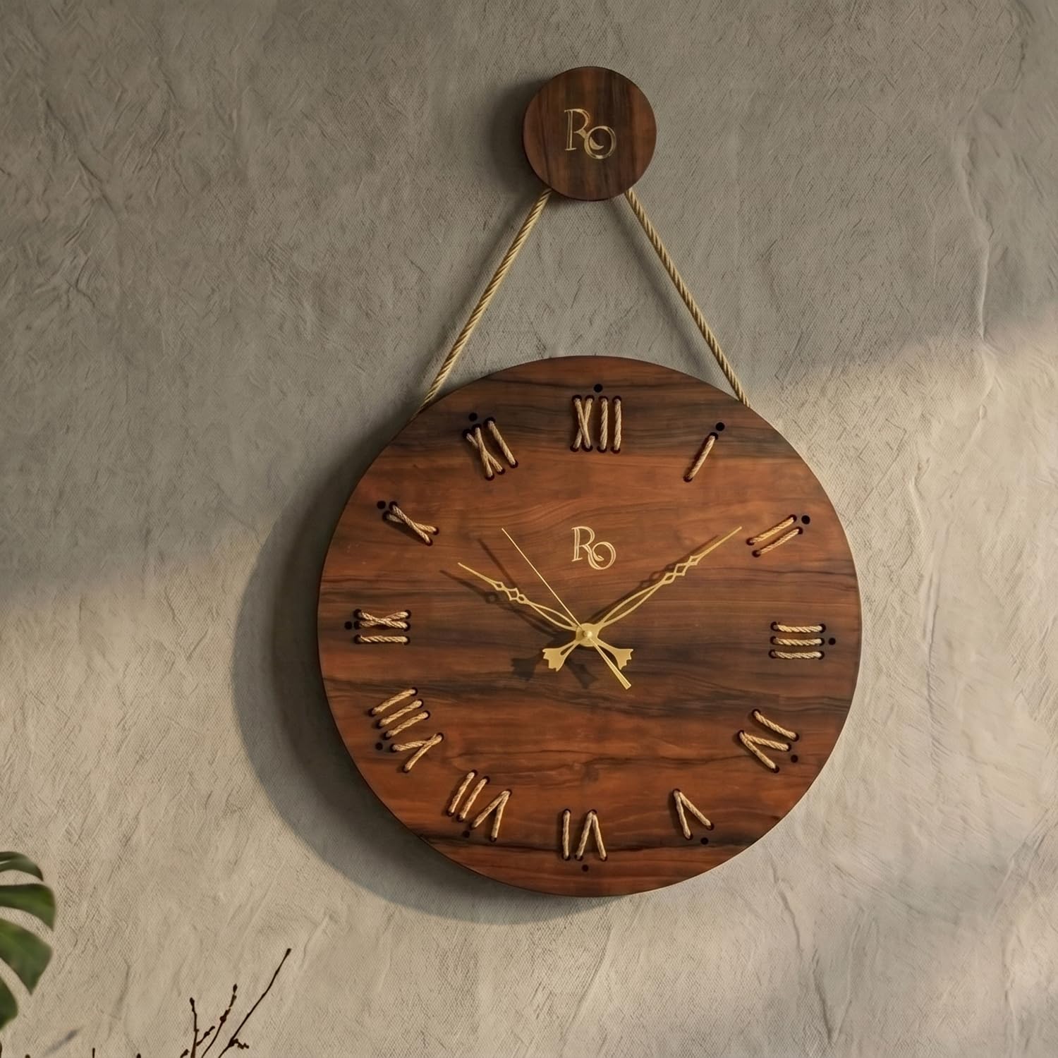 Vintage Wooden Wall Clock - Analog Vintage Clock with Roman Dial in Golden Jute Rope Detailing, Handmade Timepiece Silent Sweep Movement Wall Clock, 2-Year Warranty (Brown, 15.5 Inch)-image-20