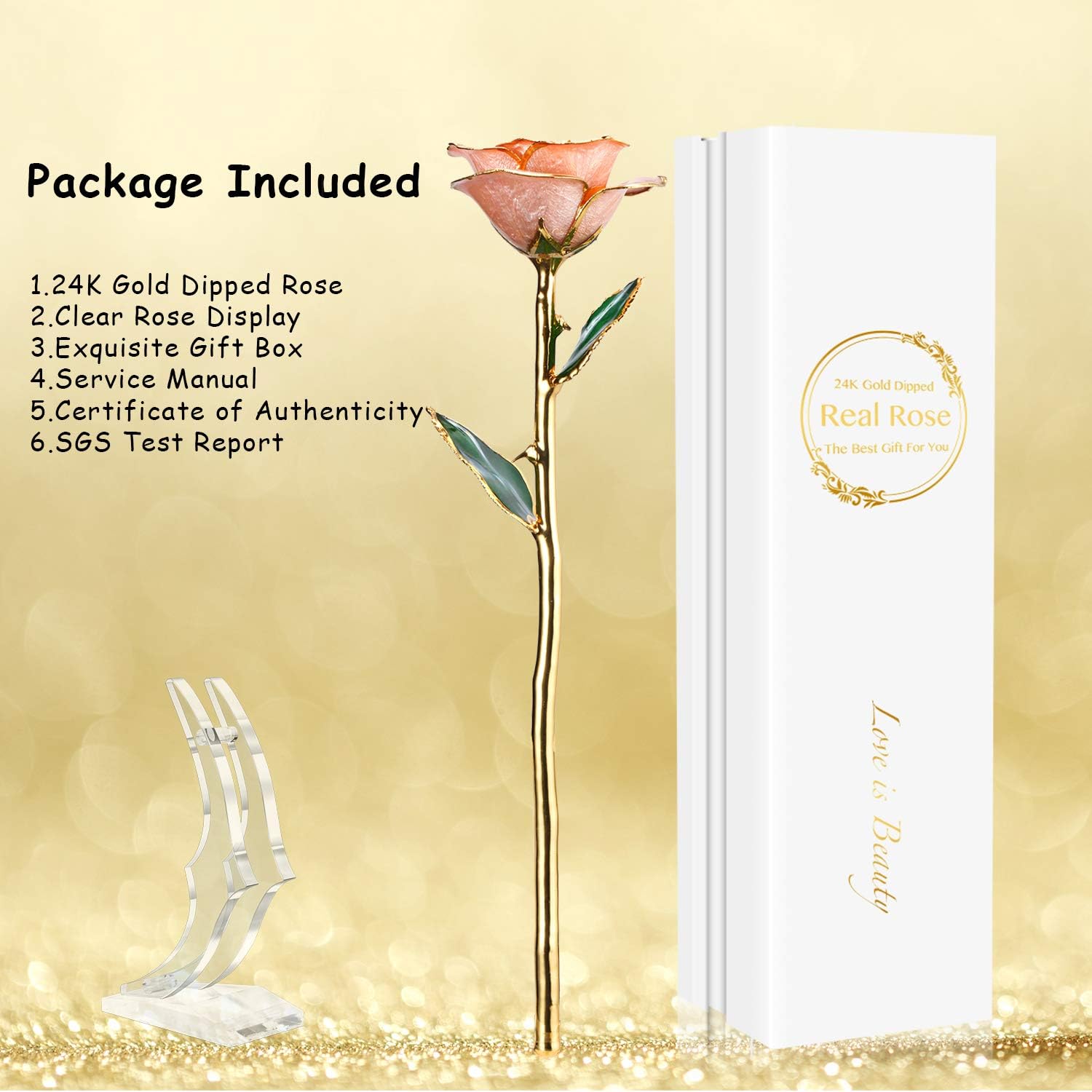 24K Gold Rose, Gold Dipped Rose Made from Real Rose Best Gifts for her and Great Gifts for Wife, Pink with Stand - Image 6