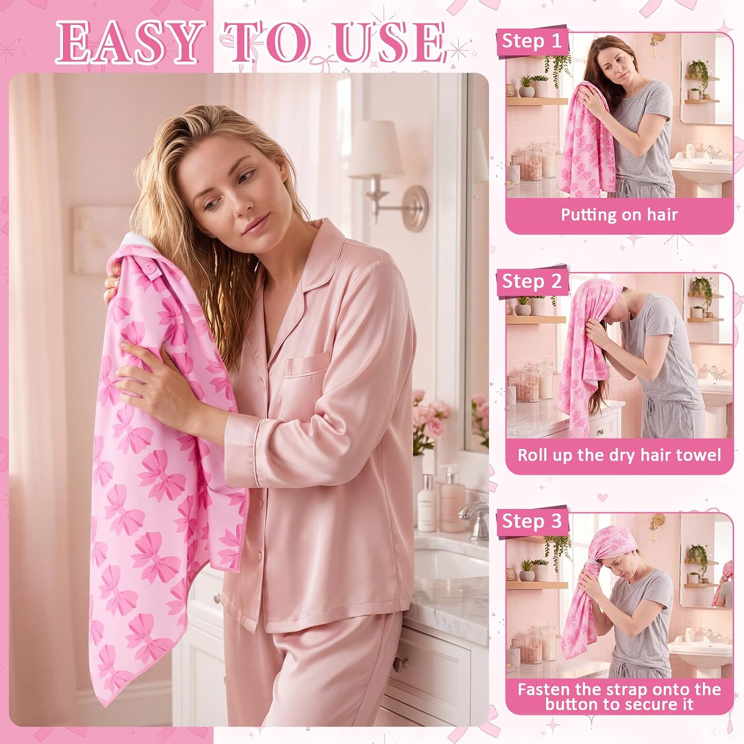 Unittype Large Pink Bow Microfiber Hair Towel Wrap for Women 40 x 24 Inches Dry Hair Cap Turban Bowknot Coquette Soft Girl Fast Dry Wet Long Thick for Bathroom Anti Frizz Drying Towel with Button