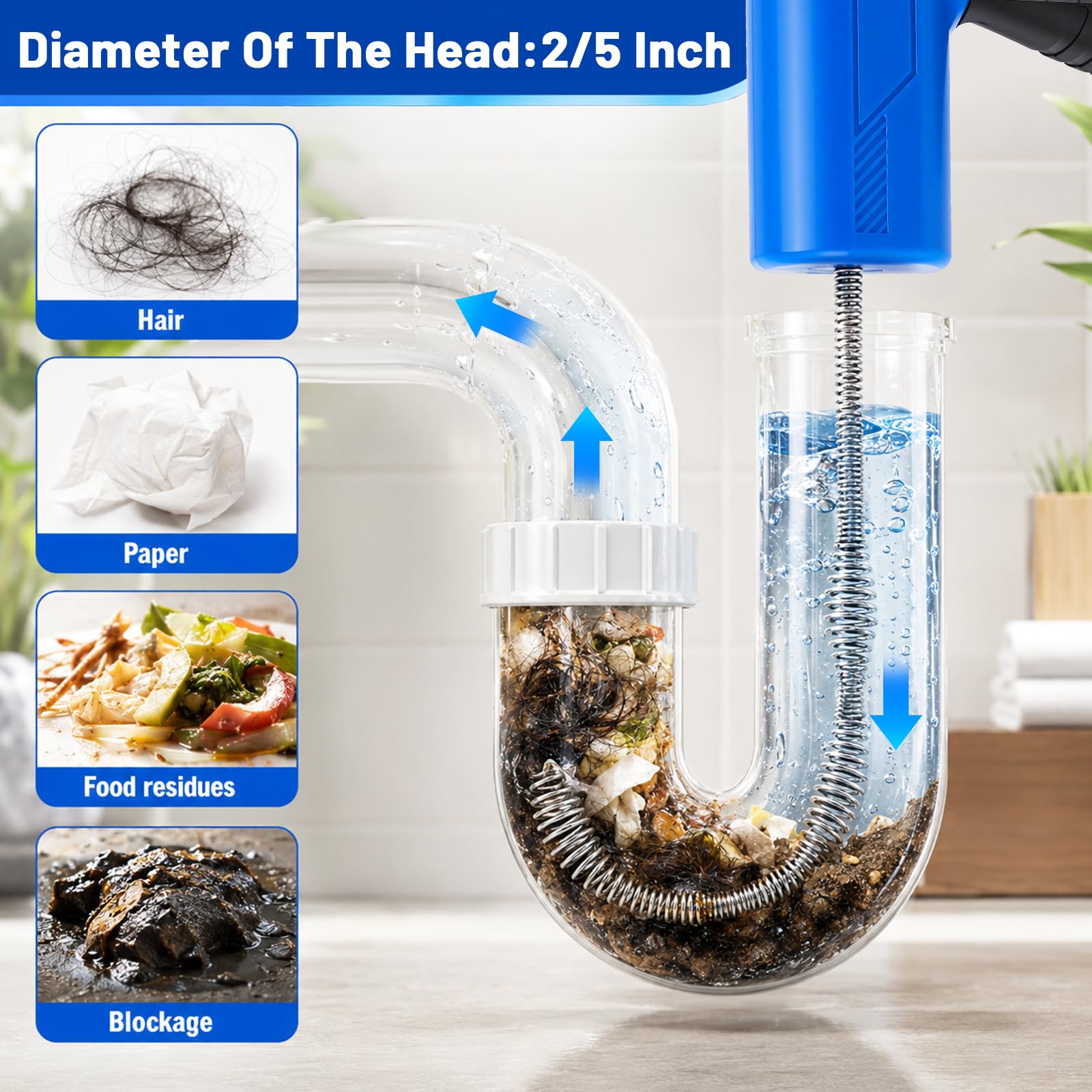 Espiral de limpieza de tuberías de 14 m con accesorio de perforación, espiral de desagüe, limpiador de tuberías para cocina y baño, muelle electrochapado resistente, limpiador de desagües