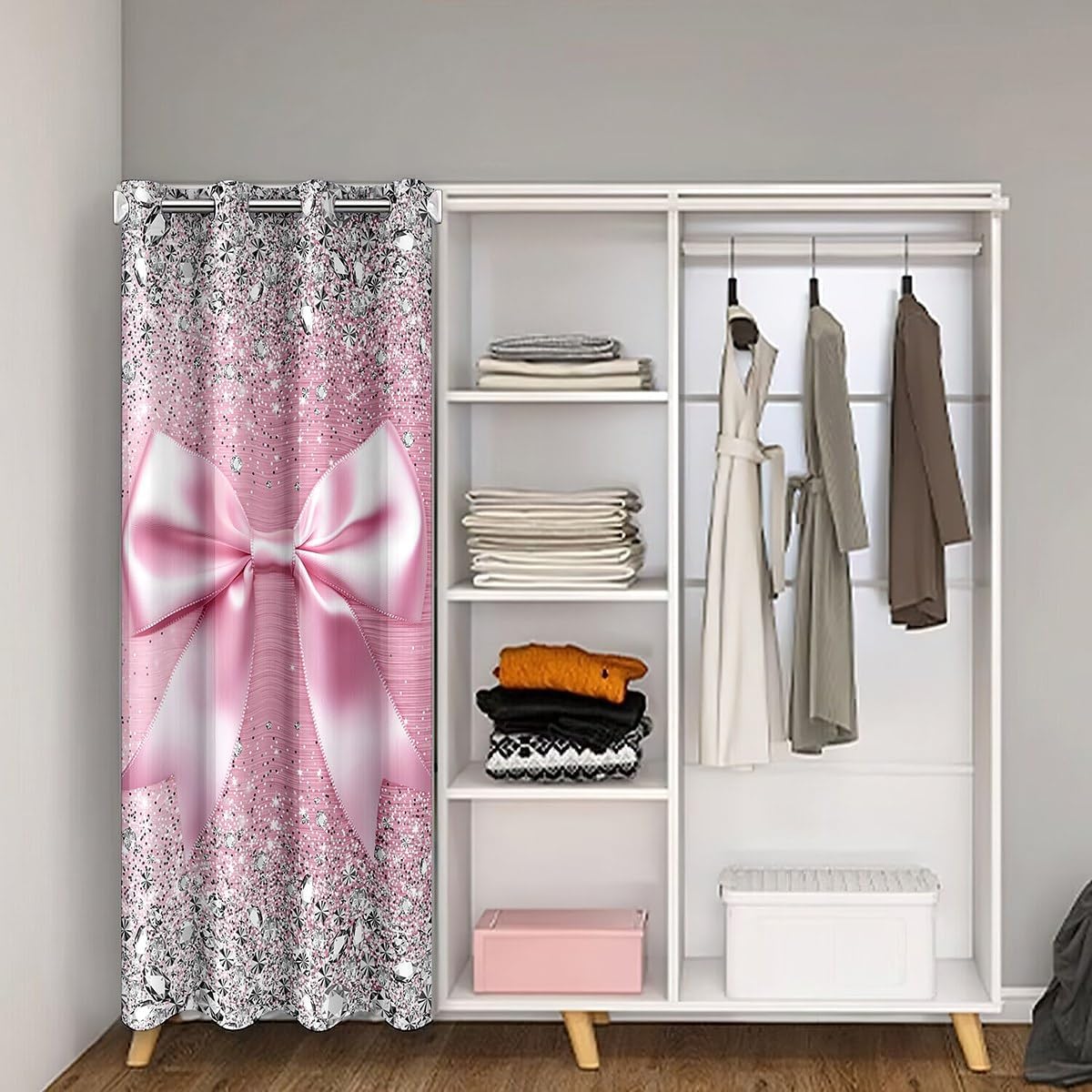 Cute Ribbon Bowknot Door Curtain for Door Window,Grey Diamond Bowknot Blackout Curtains for Bedroom 37"x80",Princess Bow Watercolor Bow Kawaii Geometric Bow-Tie Doorway Curtains Pink Dorm Decor