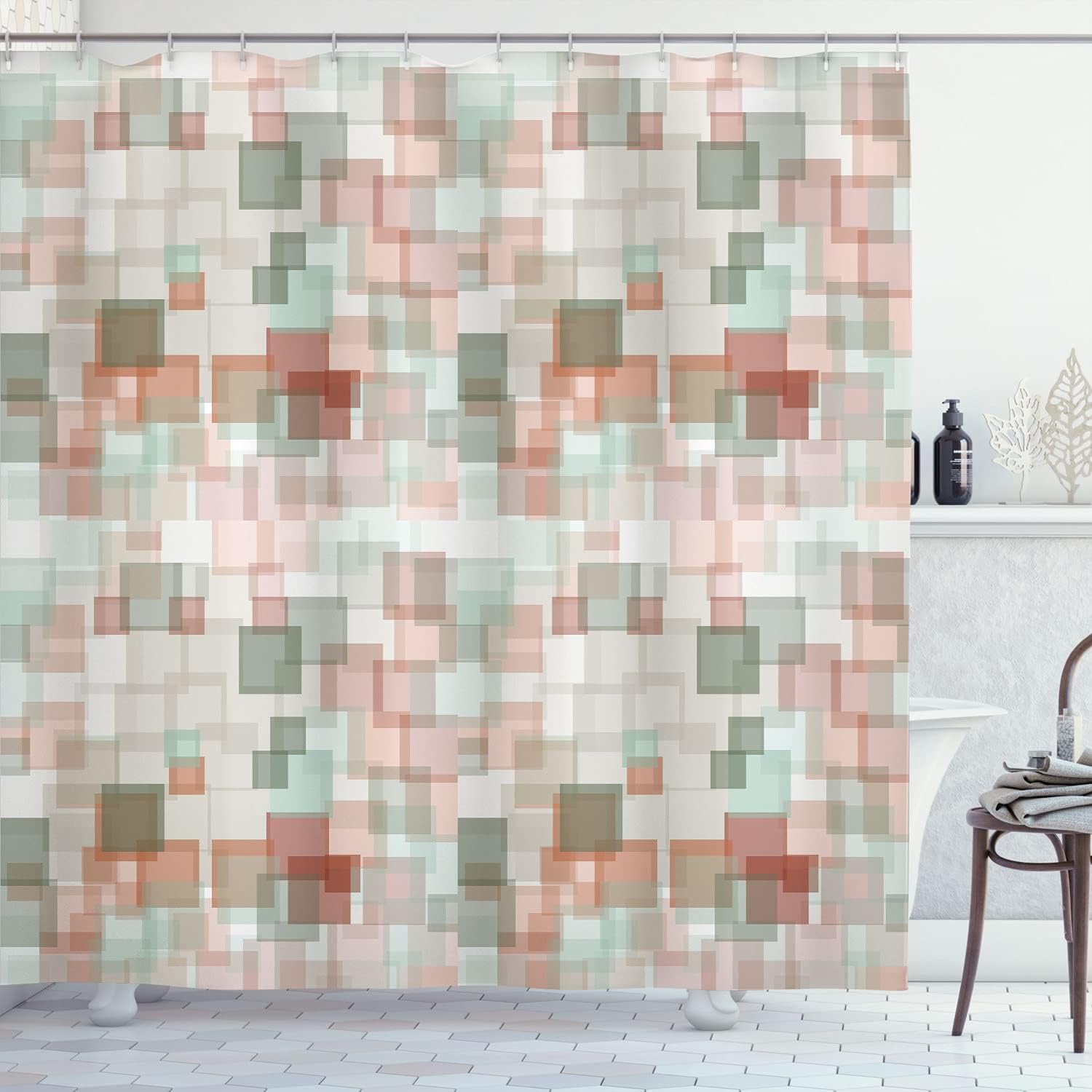 Ambesonne Grey Shower Curtain, Abstract Textured Square Shaped Loose Angled Interlace Lines and Forms Design Image Print, Cloth Fabric Bathroom Decor Set with Hooks, 69" W x 70" L, White Grey