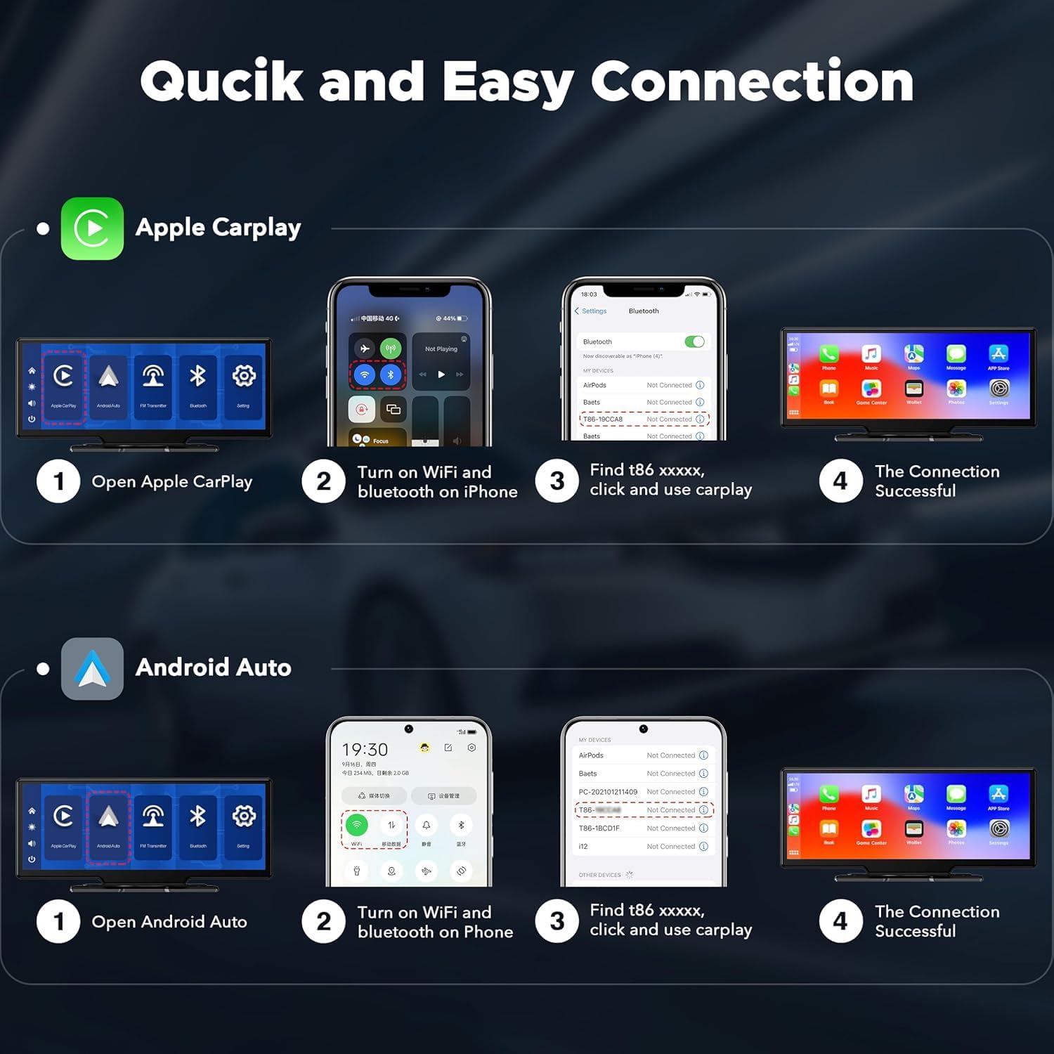 LAMTTO 9.26" Wireless Carplay and Android Auto with 2.5K Dash Cam, 1080P Backup Camera, Portable Touchscreen GPS Navigation for Car, Car Stereo Receiver with Bluetooth,AirPlay,AUX,FM,Googel,Siri
