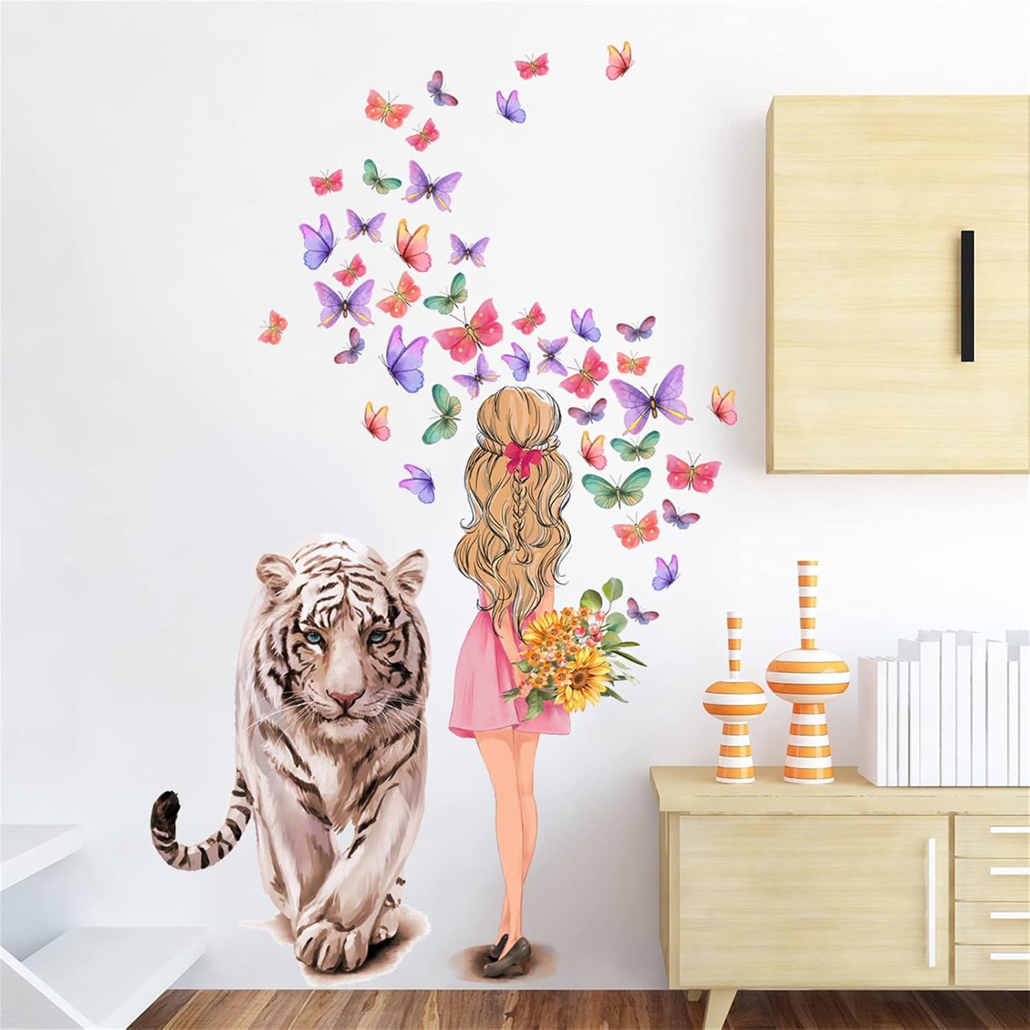 Tiger Girl Wall Sticker Mural Fairy Purple Butterfly Flower Sticker Background DIY Decorative Girl Children's Bedroom Living Room Mural : Tools & Home Improvement