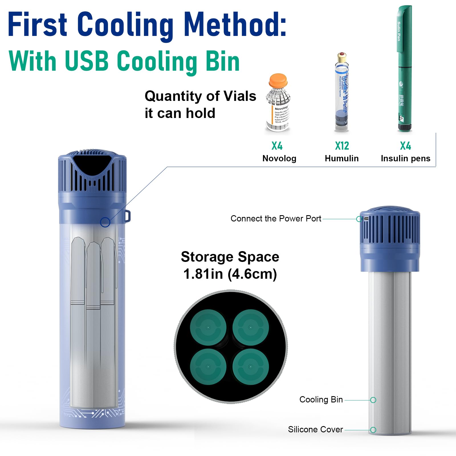 Mini Frigo per Insulina da Viaggio 4 Penne, 2-8℃ USB Frigorifero per Medicinali Portatile, Borse per Insulina con 4 ghiaccio biogel, blu