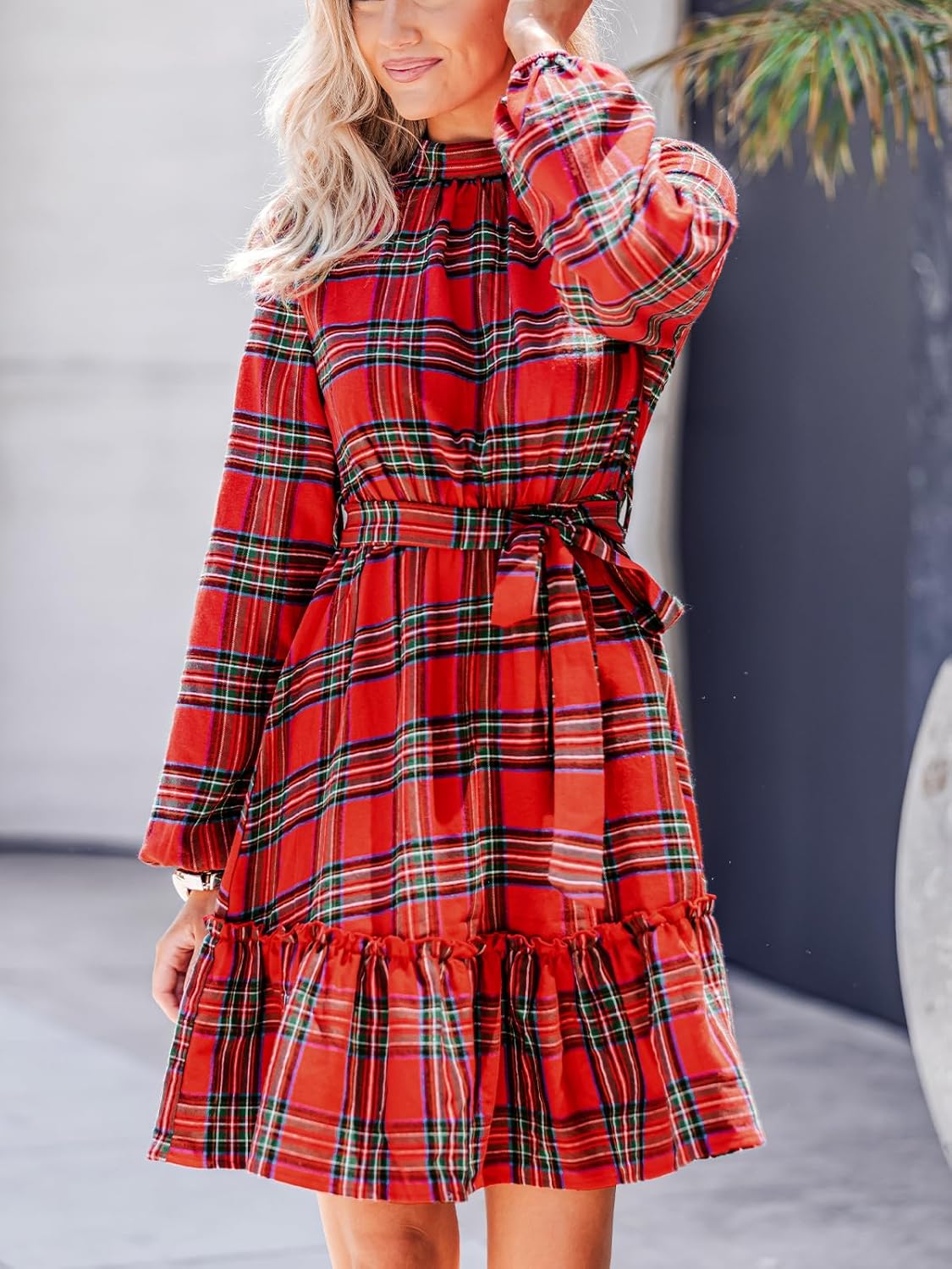 CUPSHE Women's Winter Christmas Dress High Neck Plaid Tie Back Long Sleeve Belted Ruffled Hem Mini Dresses - Image 8