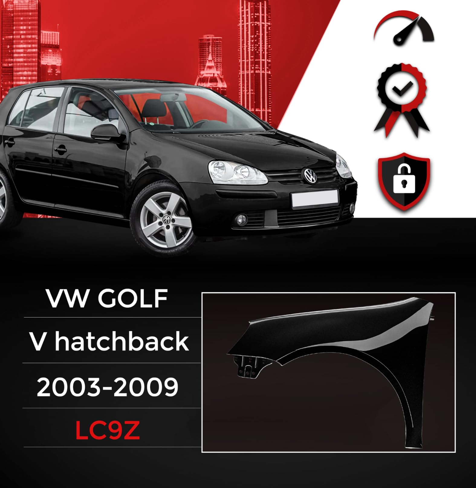 BLU Kotflügel Passend für Volkswagen Golf 5 V Schrägheck LC9Z Links Schwarz | 2003-2009 | Vorderseite Vorne | Lackiert | Einbaufertig