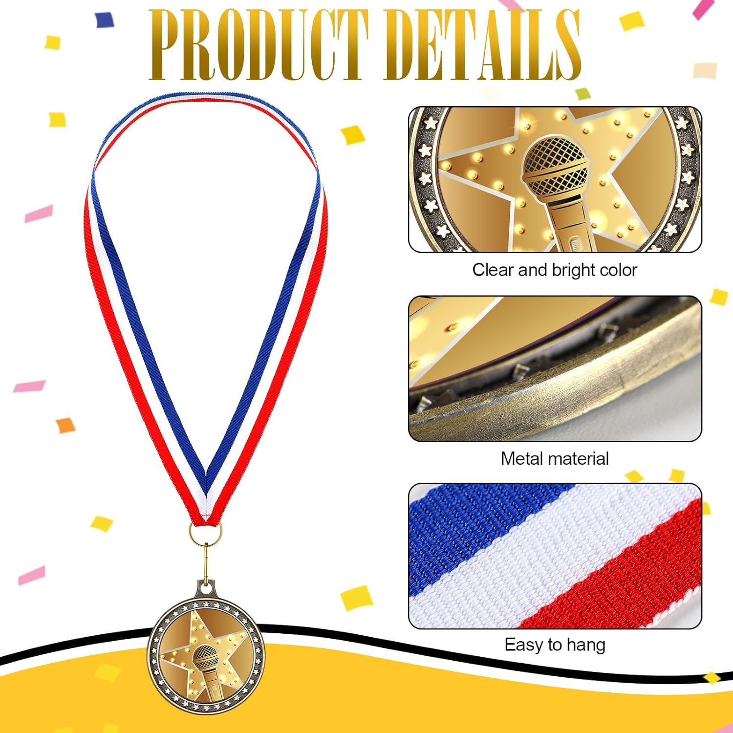 24 Pcs Microphone Music Medals with Neck Ribbons 1.97 Inches Microphone Music Award Trophy for Singing Karaoke Talent Show (Gold)