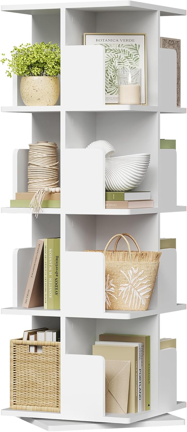 EUGAD drehbares Bücherregal, Raumteiler Standregal, 360° frei drehbar, 4 Ebenen 16 Fächer, Platzsparend für Wohnzimmer Schlafzimmer Büro, MDF E1, Weiß 39,5x128x39,5cm