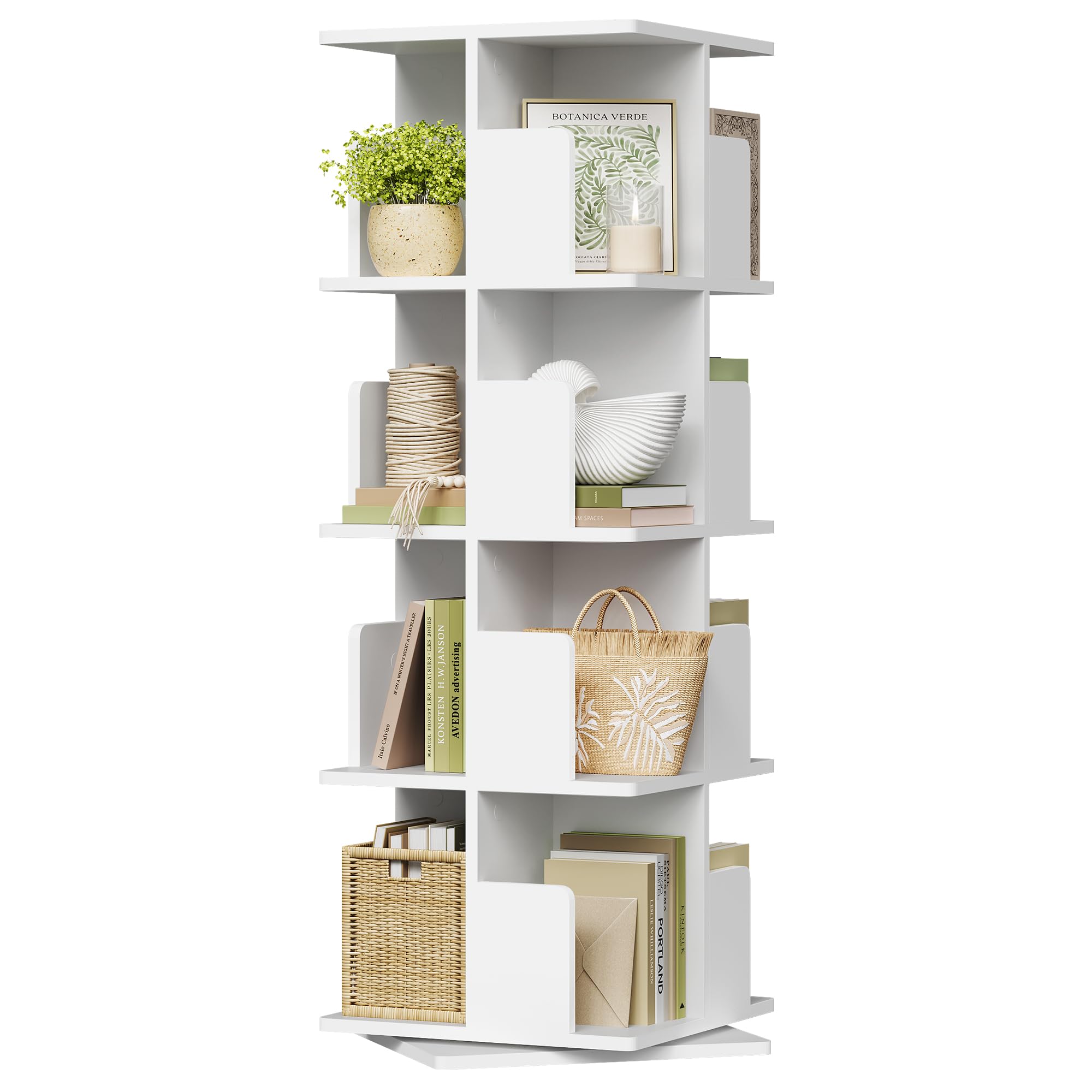 EUGAD drehbares Bücherregal, Raumteiler Standregal, 360° frei drehbar, 4 Ebenen 16 Fächer, Platzsparend für Wohnzimmer Schlafzimmer Büro, MDF E1, Weiß 39,5x128x39,5cm
