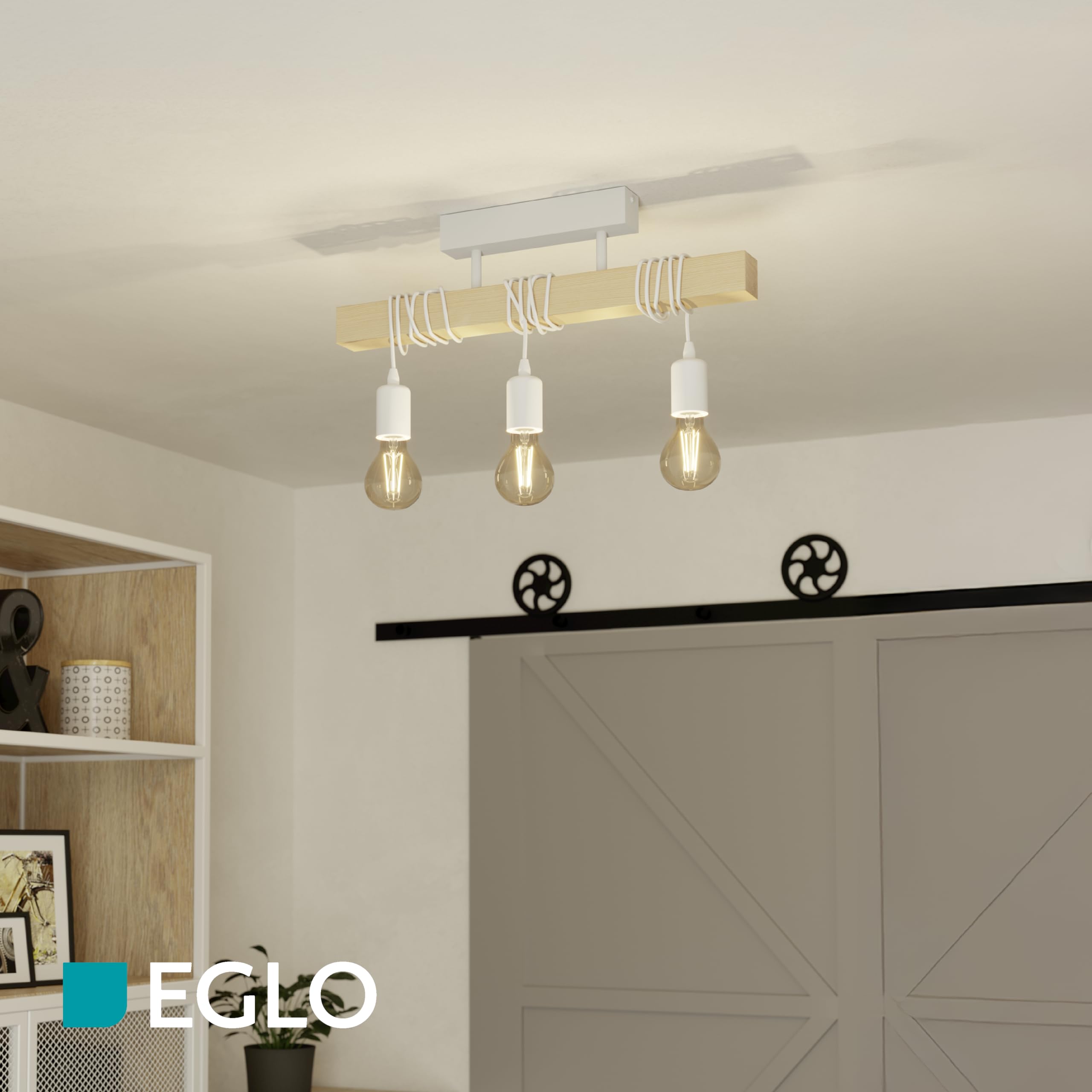 Eglo Plafoniera Townshend, plafoniera vintage a tre punti luce, plafoniera | dal design industrial, lampada a sospensione retrò in acciaio e legno, bianco, marrone, E27