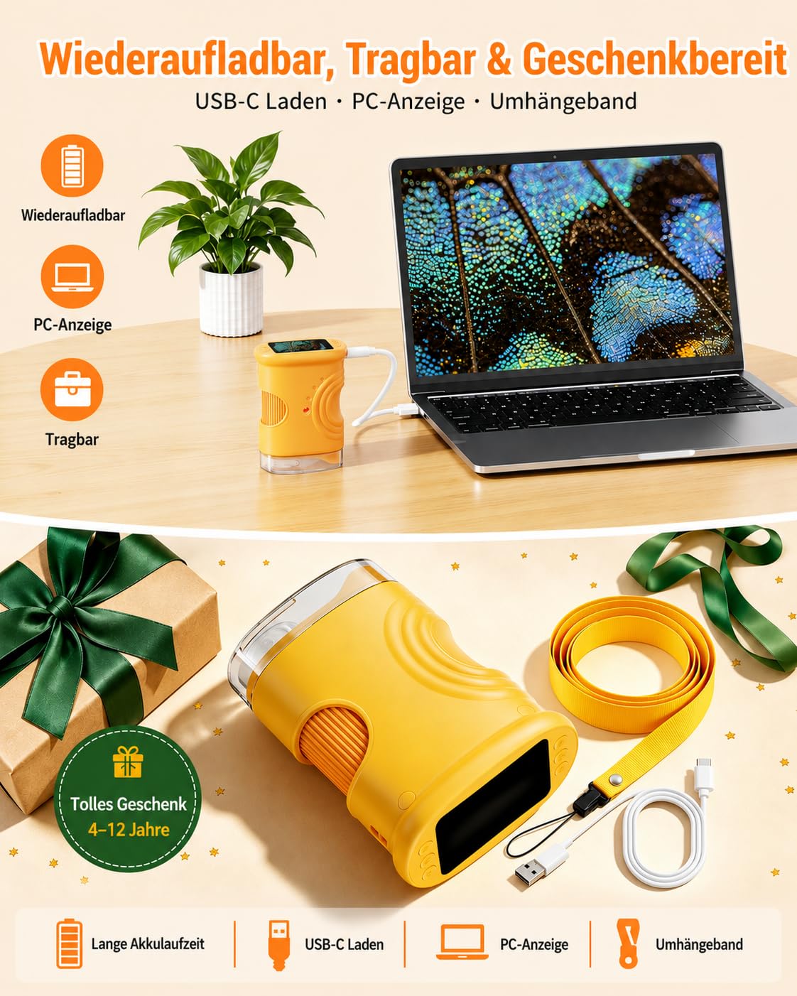 Mikroskop für Kinder, 1080P HD 2.0" Bildschirm Taschenmikroskop, Ashfly Handy Digital Microscope LED Lights -Anschluss an PC, Mini-Mikroskop draussen Geschenke für 4-12 Jährige Orange