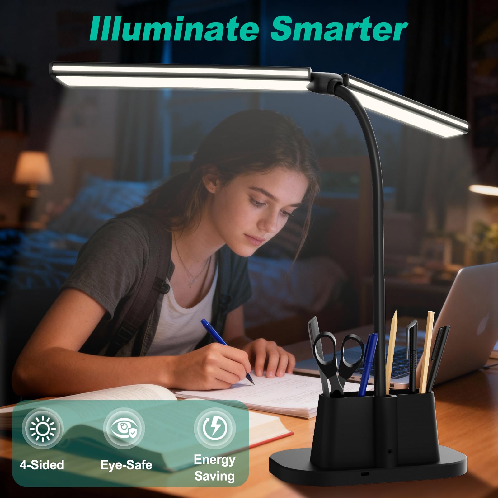 LED Desk Lamp, Eye-Caring Desk Light with Organized Base, 5 Color Modes & 5 Level Brightness, Adjustable Flexible Gooseneck Touch Lamp, Small Desk Lamp for Home Office, College Dorm Room Essentials