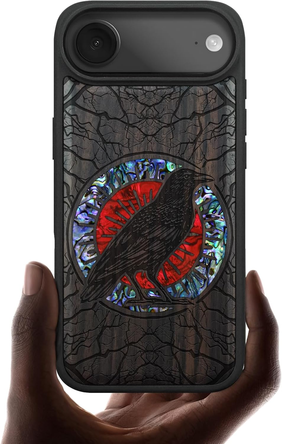 Carveit Magnetic Case for iPhone Air Case, Wood Artisan Engraved & Handmade Shell Inlaid, TPU Shockproof Cover, Compatible with MagSafe 17 Air Wireless Chargers (Haloed Crow-Blackwood)