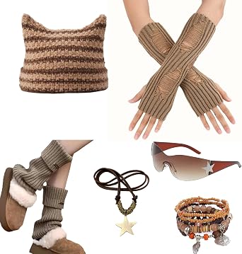 6PCS Therian Stuff,Y2k Jewelry Set with Grunge Necklace,Fingerless Gloves,Knitted Emo Beanie, Bracelet,Glasses,Leg Warmers