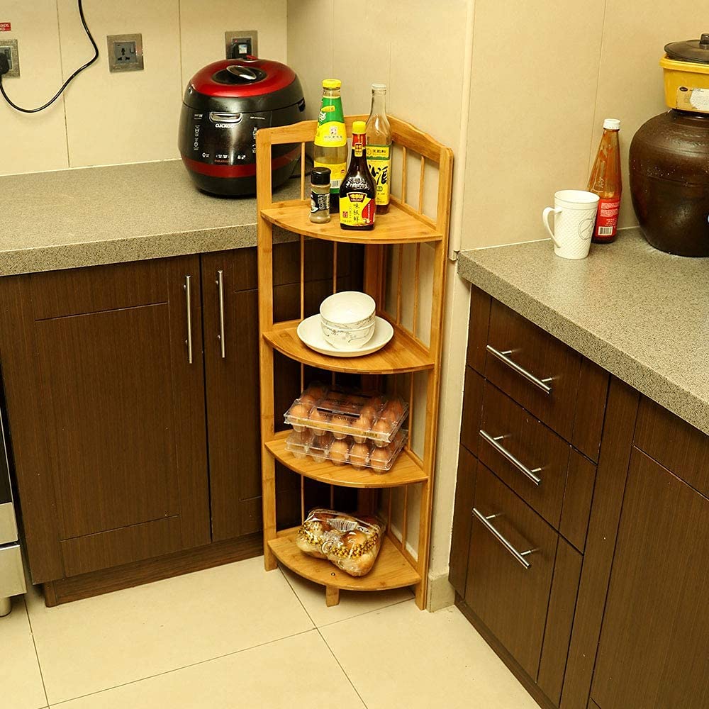 N / B Makeup Toy Bamboo Storage Corner Shelf Plant Flower Stand Kitchen Storage Organizer Bathroom Shelve Wooden Kitchen Rack Shelves for Patio Garden Corner Balcony Living Room