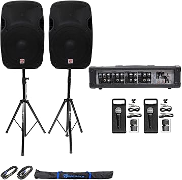 Rockville SPGN158 Bundle 2 15" 3200W Peak/400W RMS Passive DJ PA Speaker, RPM45 1800W 4-Channel Mixer, 2 RMC-XLR Mics, RVSS2-TSNL4 Tripod Speaker Stands, 2 20ft 1/4-SpeakOn Cables, 8-Items