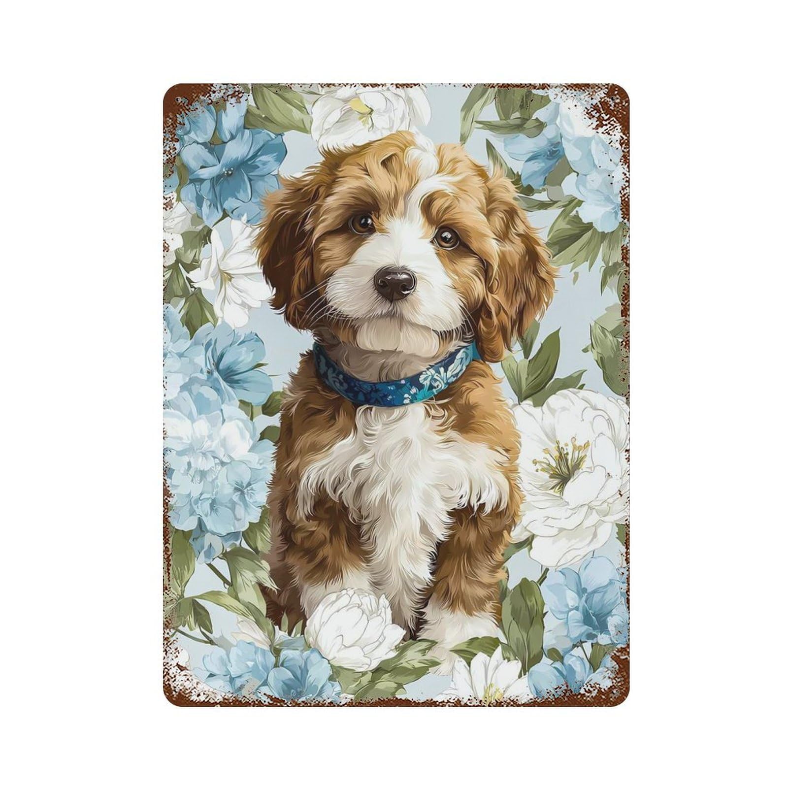 Puppy with Floral Background Rust Effect Tin Sign 15.7"x11.8", Rustic Home Decor for Garage, Bar And Workshop Decor