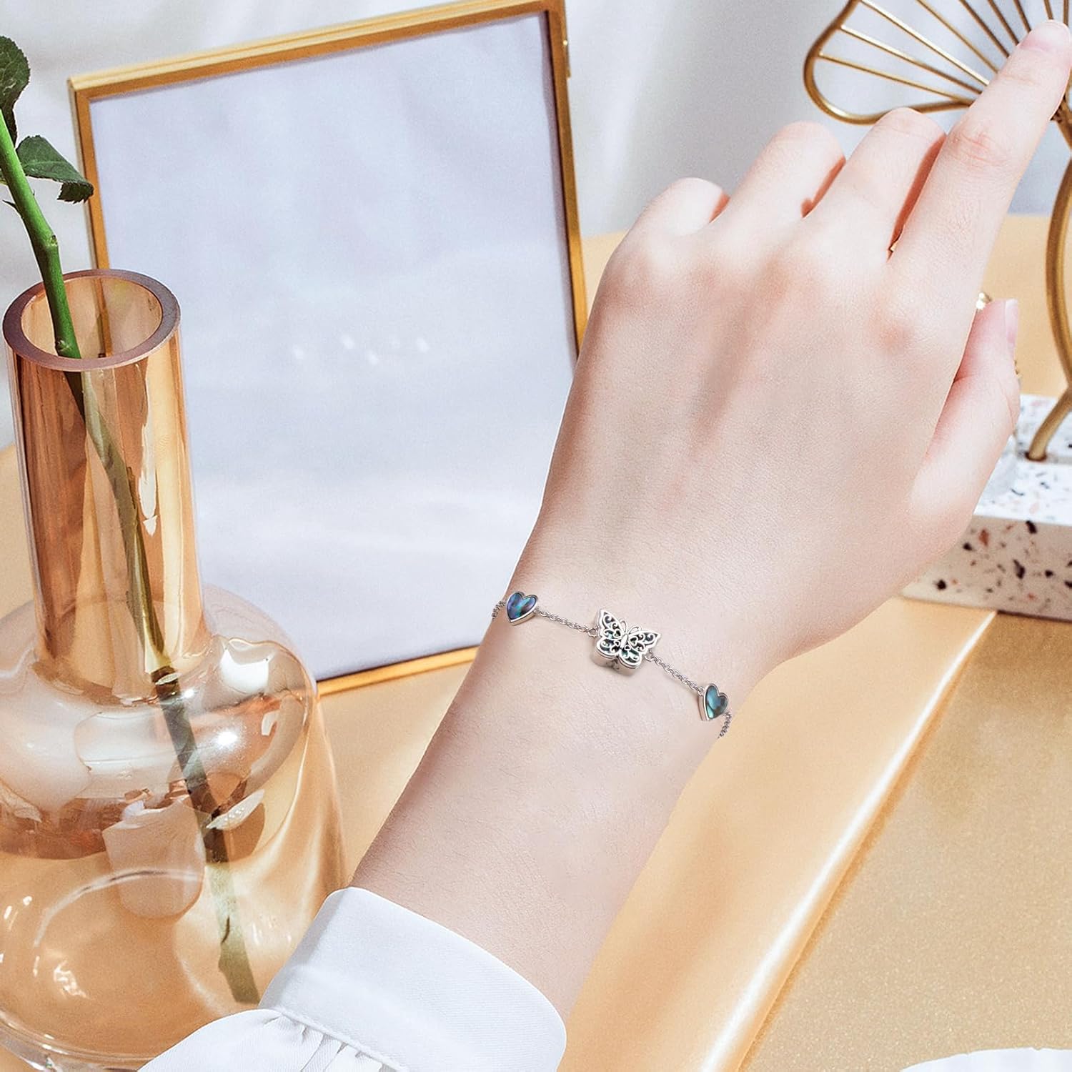 FLYOW 925 Sterling Silver Butterfly Bracelet of Memorial Keepsake Cremation Urn Bracelet for Ashes for Women Adjustable Chain 7+2 Inch Easter Day of the Dead Presents