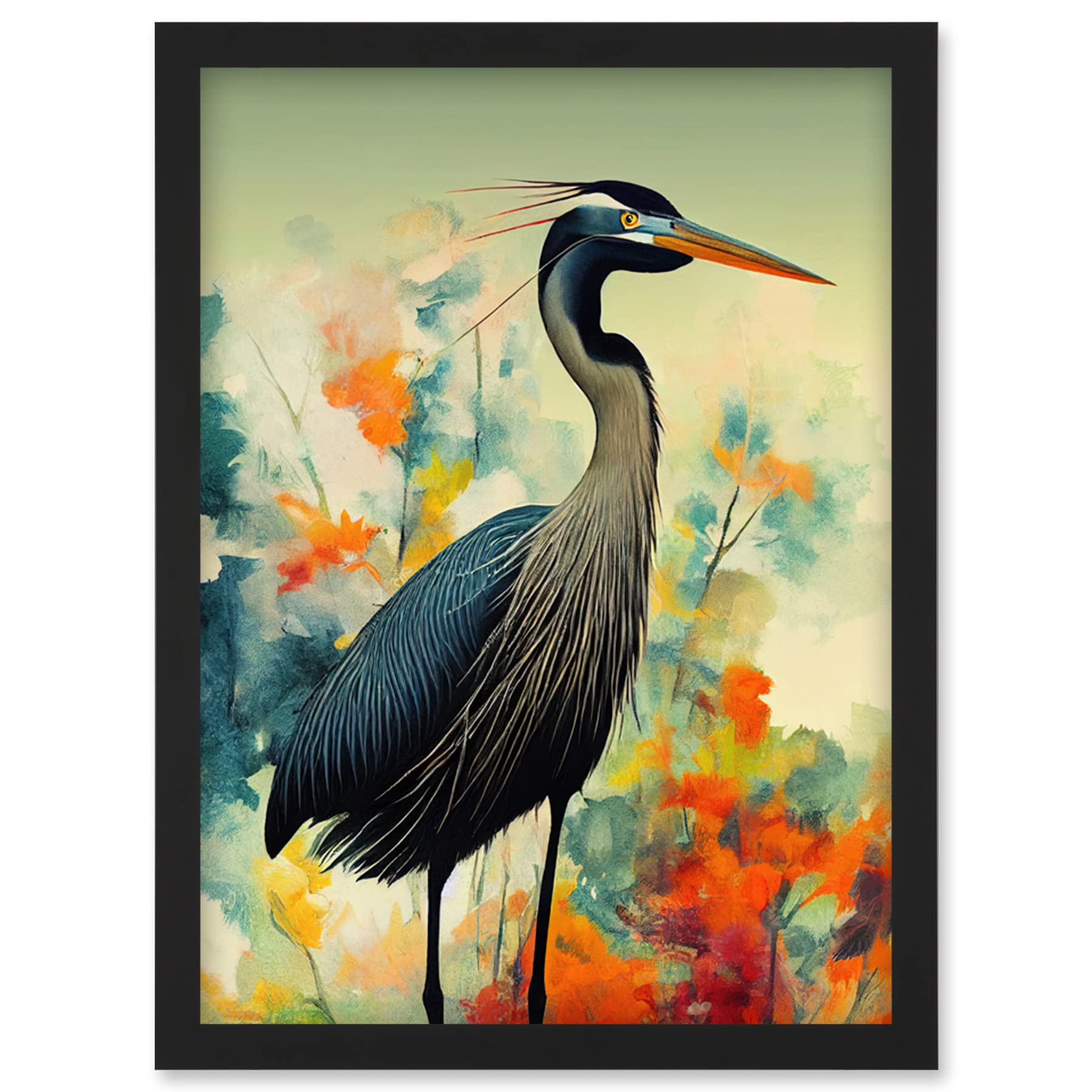 B&Q -  Heron Bird In Abstract Flower Field Colourful Teal Orange Navy Illustration Wall Art PrintA4 Size