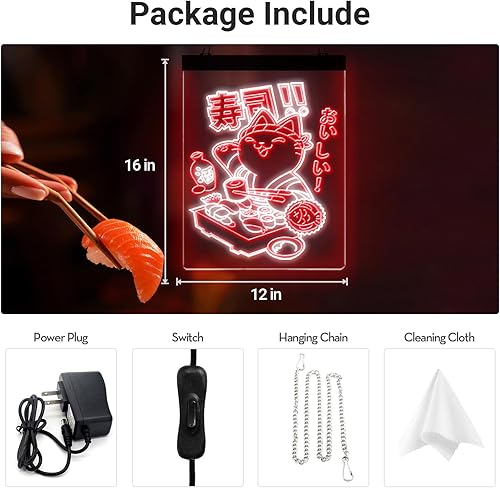 Miniatura 6 de MiMaik SuShi - Letrero de luz LED de neón para decoración de pared, decoración de restaurante de sushi retro japonés, decoración de dibujos