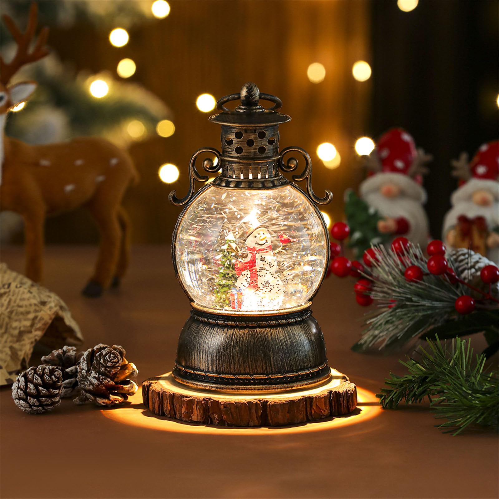 Décoration de Noël étincelante en résine avec base rotative et lumières LED musicales pour décoration de table festive, festival, fête à la maison