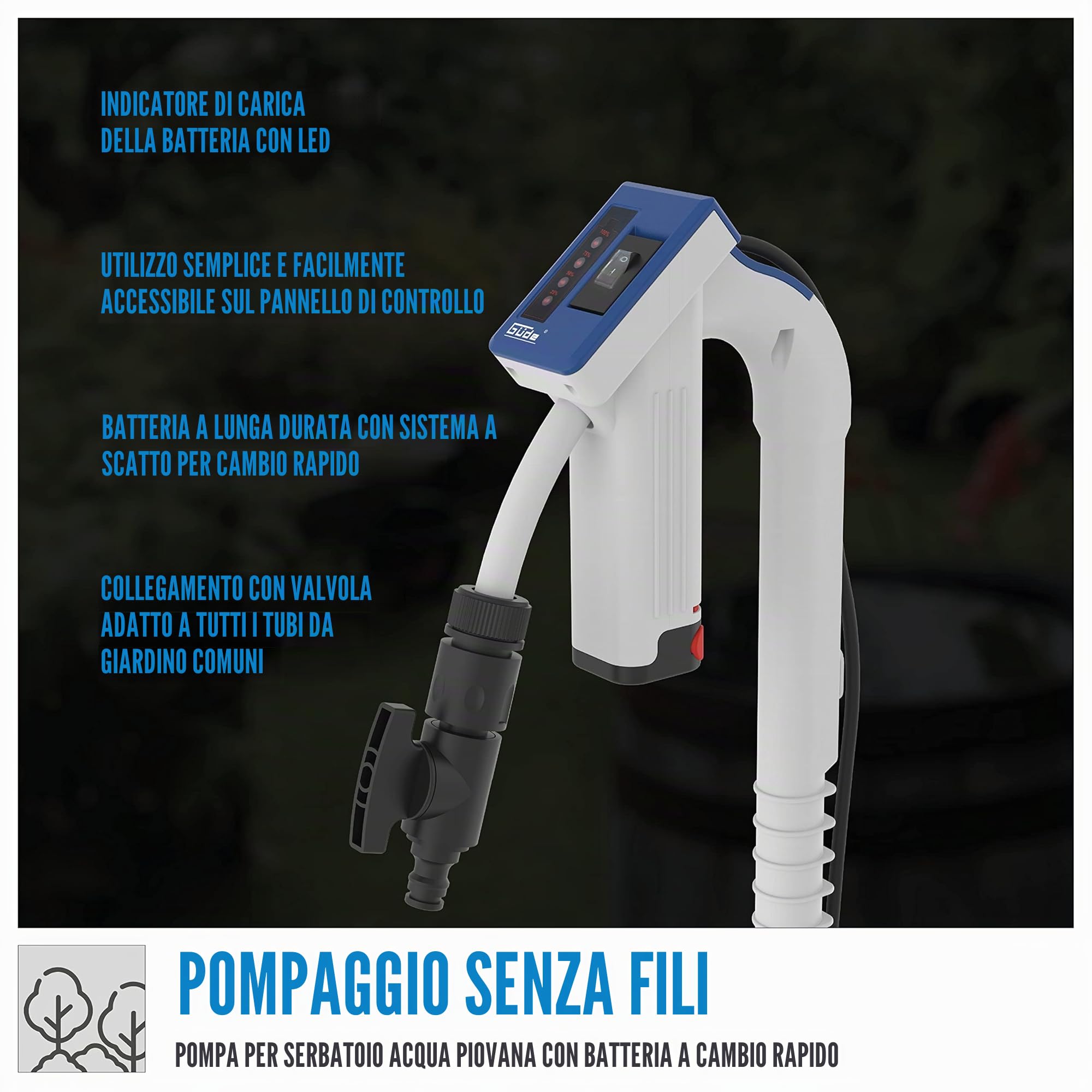 Güde Pompa impermeabile a batteria RFP 12 – 201 – 04 (12 V, 1500 l/h, test buono, protezione contro il funzionamento a secco, altezza 11 m, dimensione massima grana 0,5 mm, rubinetto di