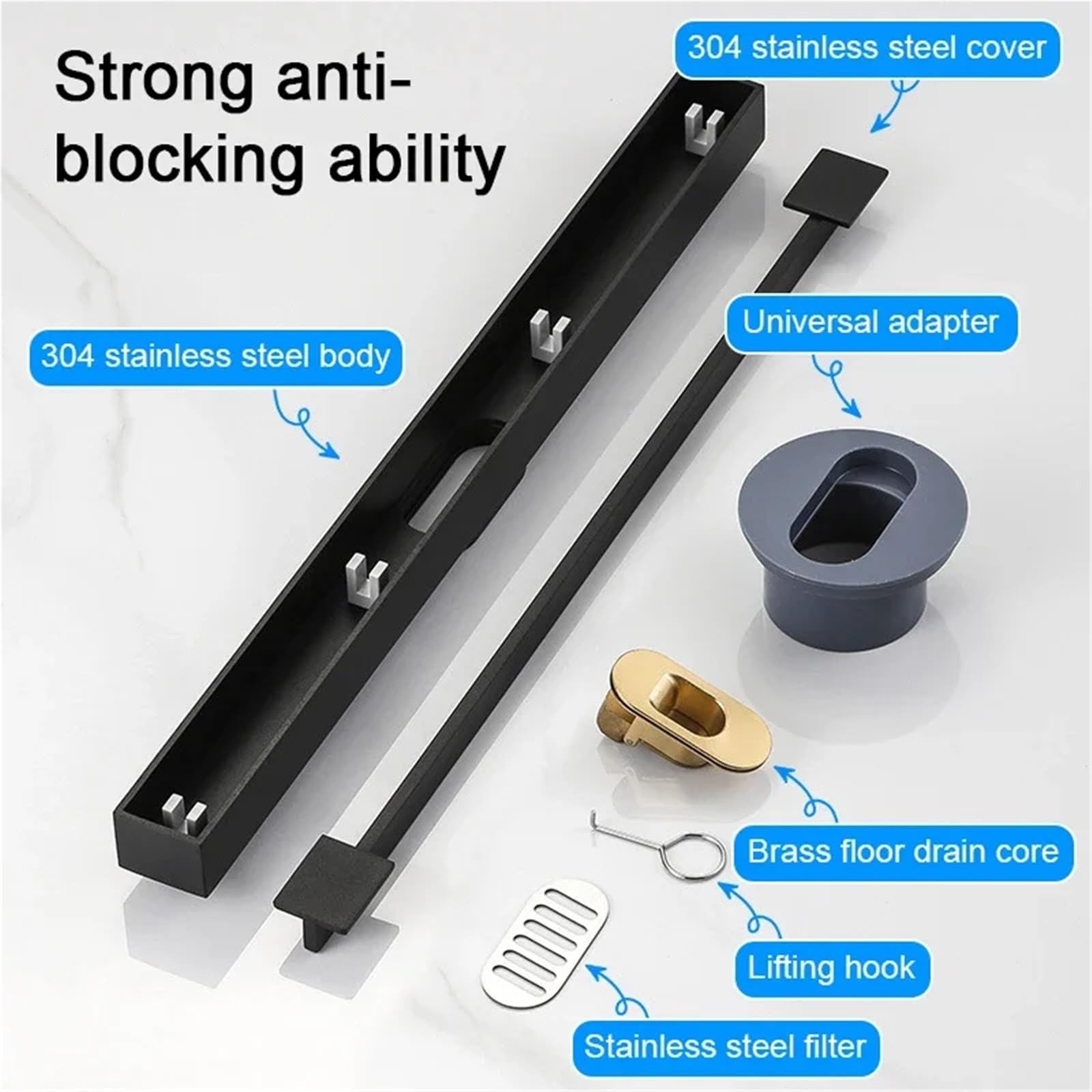 Rejilla Desague Ducha Shower Floor Drain Black 304 Bathroom Drain | Floor Drains Stainless Steel Linear Drainage 3.2Cm Wide Invisible Extremely Narrow Drains(Side 3.2x40cm)