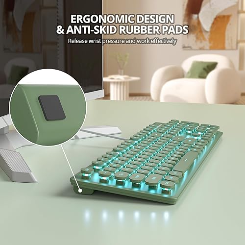 Miniatura 5 de surmen Bonito teclado silencioso con cable verde, teclado de computadora retroiluminado con teclas redondas retro, tamaño completo, 104 teclas para