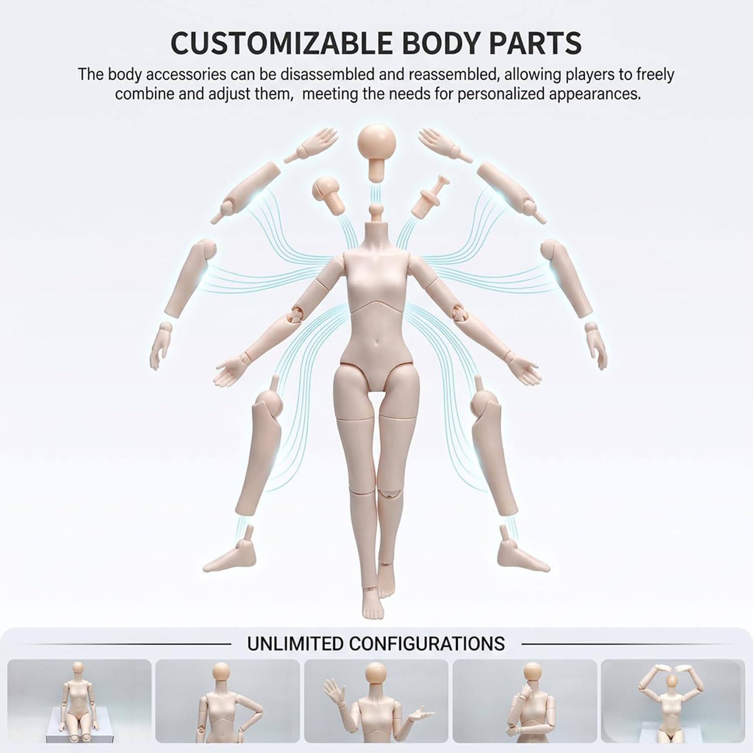 Doll Body 1/6 Scale Highly Articulated Blank Action Figure Body for Custom Dolls 9.8 Inch White PVC Figure with 3 Neck Adapters Doll, Action, Blank, Custom Fig image 2