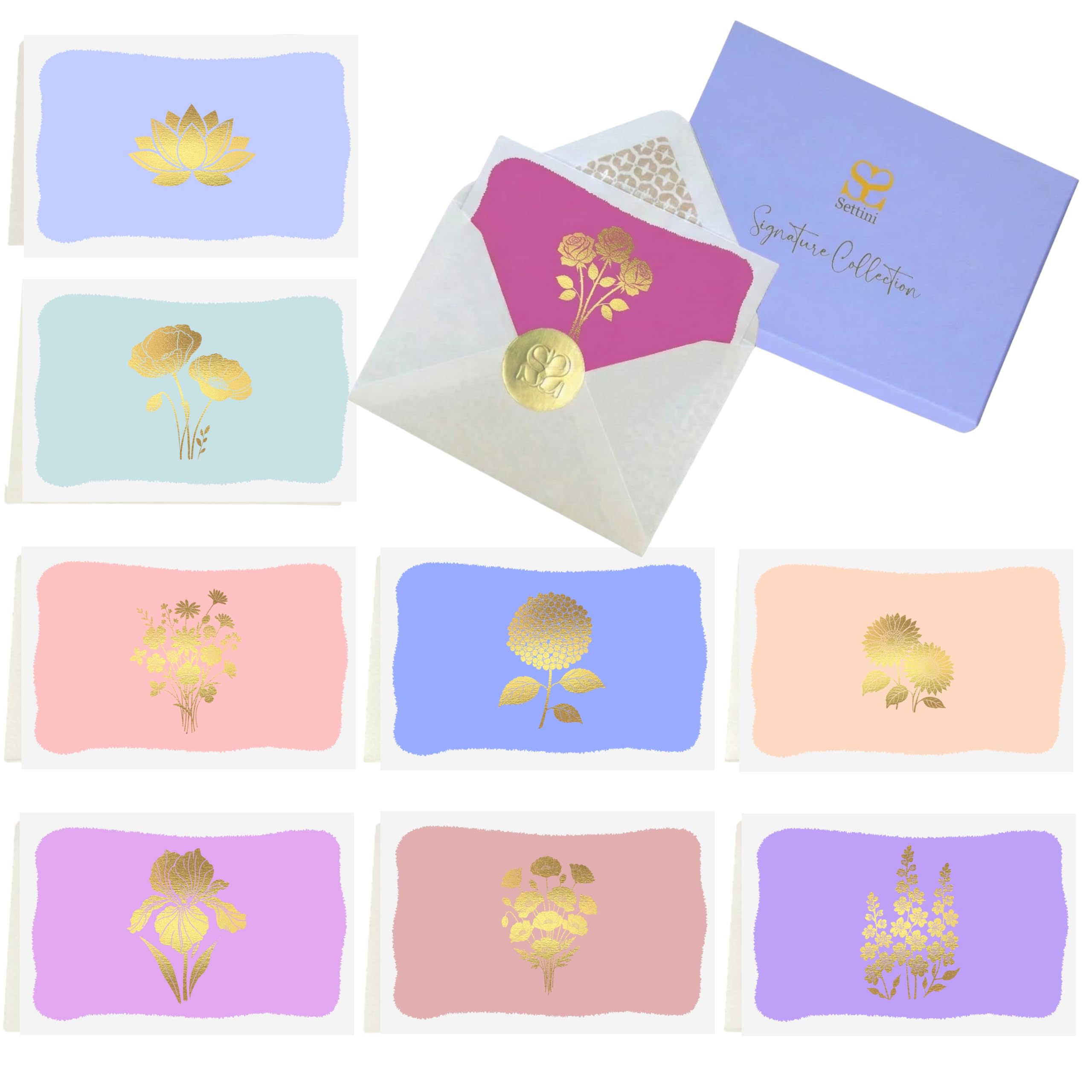 SETTINI Floral Note Cards with Envelopes, Blank Gold Foil Greeting Cards for Thank You and All Occasions, Boxed Set of 18 Notelets in 9 Designs, 6 x 4 Inch