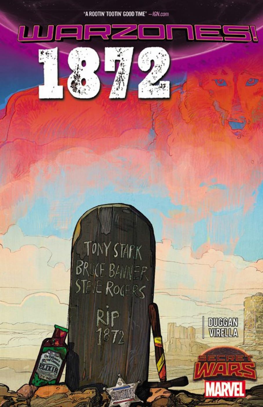 Cover art for Marvel 1872: Warzones! (Secret Wars) graphic novel, depicting a tombstone in a desert landscape with the title 'Warzones! 1872' prominently displayed.