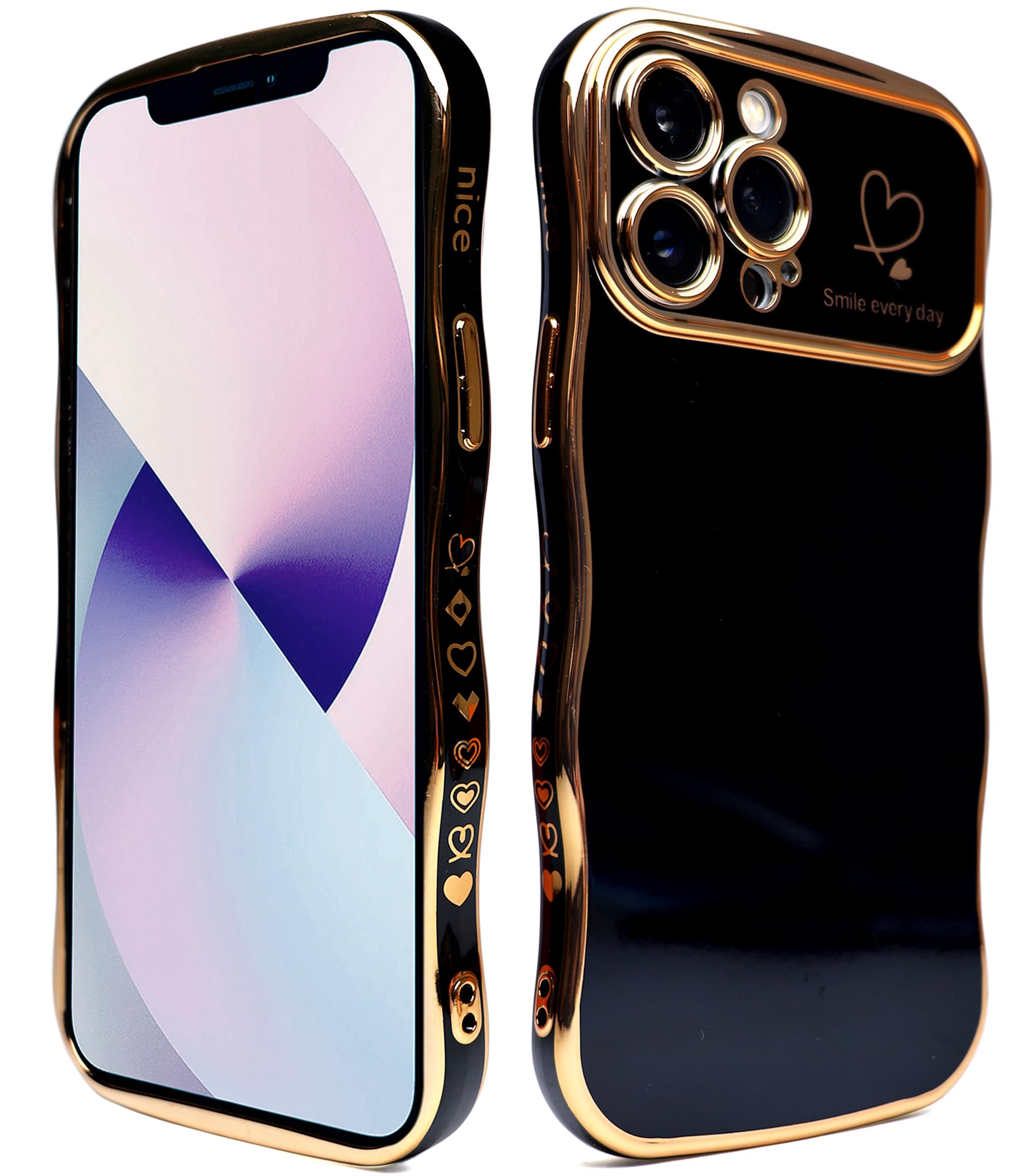 Qokey for iPhone 13 Pro Max Case 6.7",Curly Wavy Grip Design Plated Love Heart Luxury Full Camera Lens Protection Fun Cute Pattern Electroplate Slim