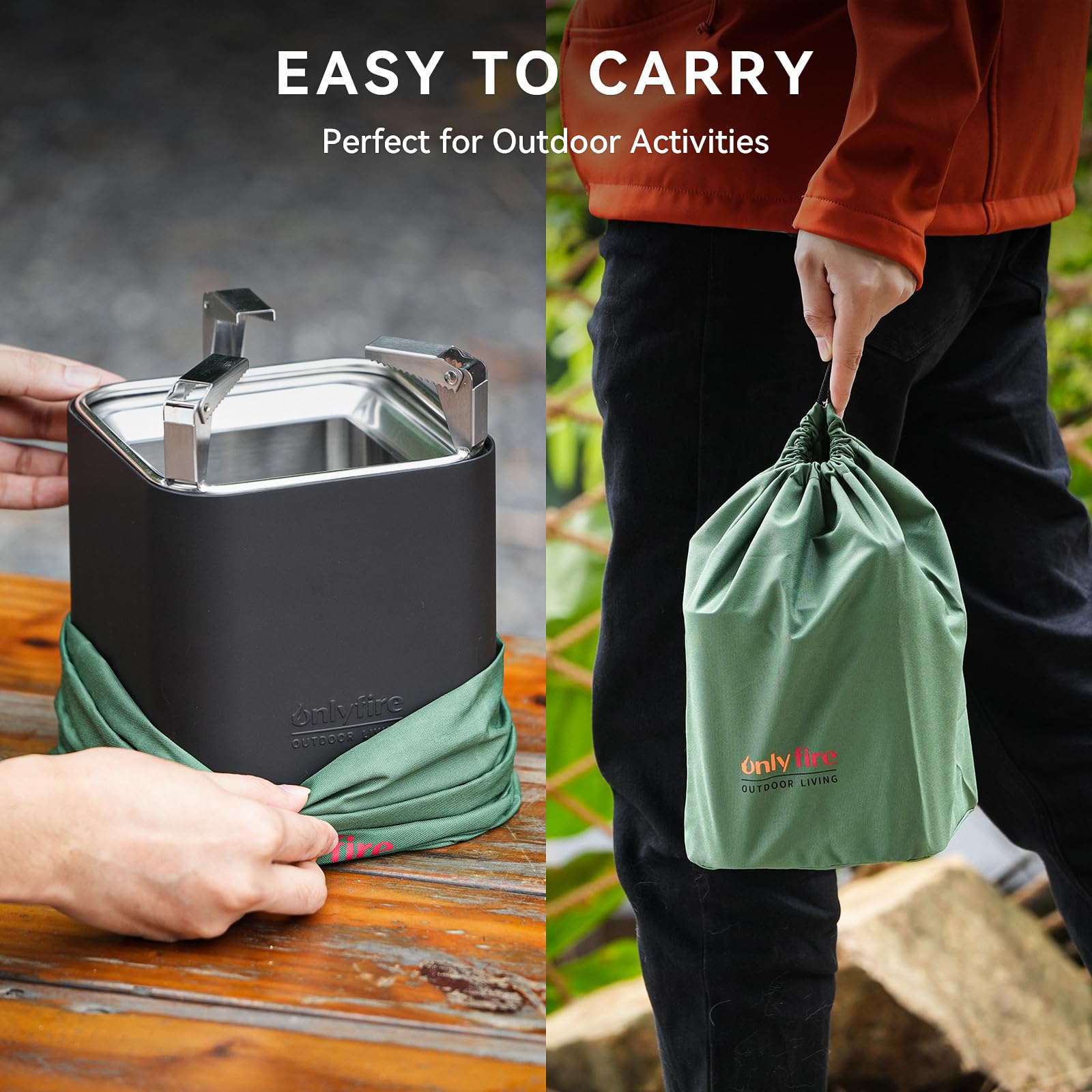 Onlyfire 20 cm Quadrato Braciere Senza Fumo da Tavolo, Focolare Portatile con Staffa per Vaso e Borsa da Trasporto, Bruciatura a Legna e a Pellet, per Campeggio all'aperto Patio, Acciaio Inox, Nero