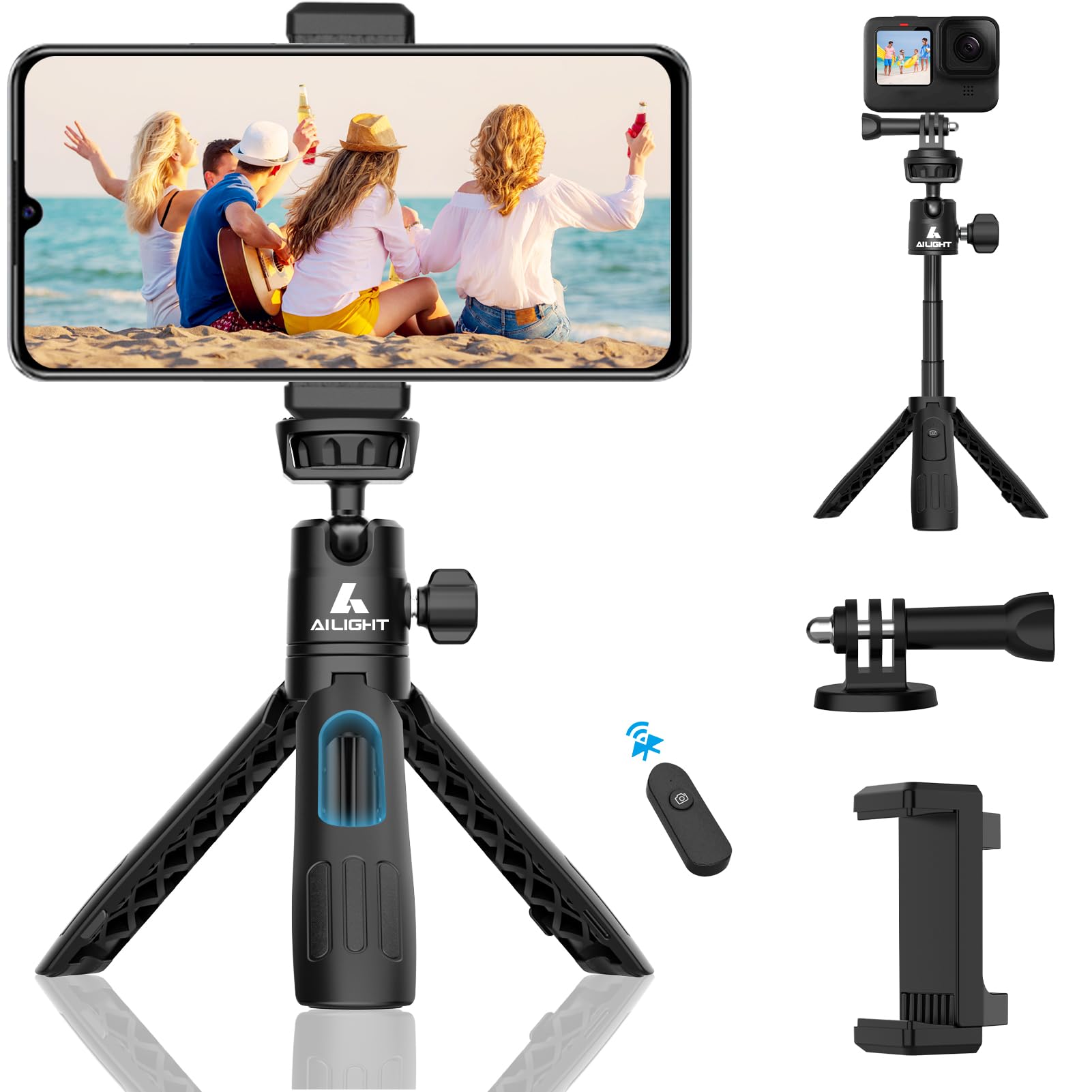 Ailight 11.2" Mini Tripod for iPhone, Portable Extendable Travel Selfie Stick with Wireless Remote, Upgraded Phone Clip Holder & Action Camera Adapter