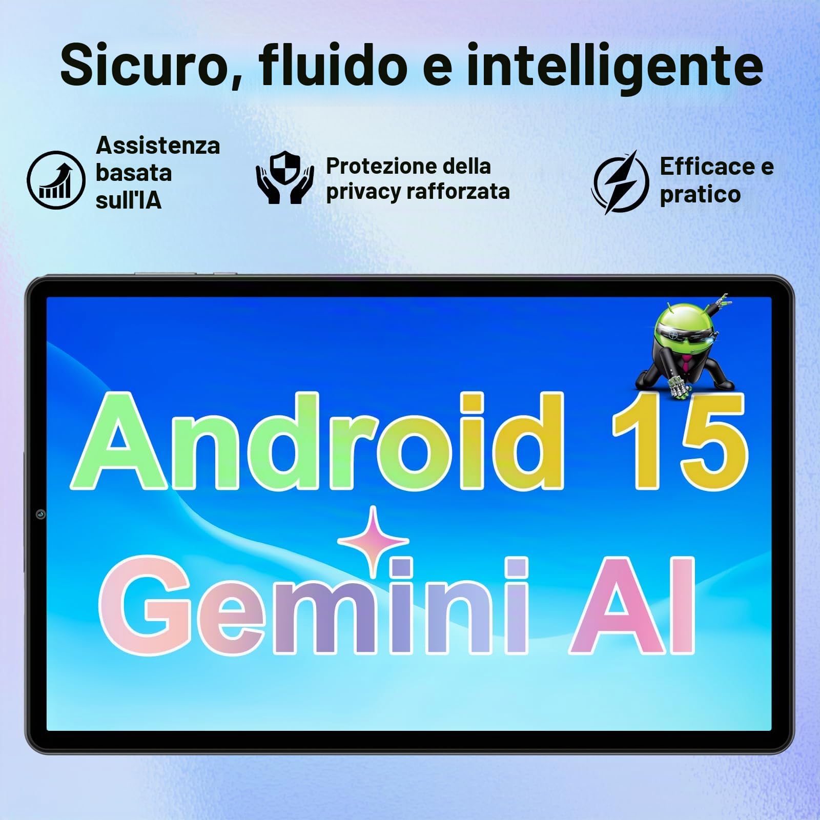 Tablet 10 Pollici Android 15 con Gemini AI, 30GB RAM + Espandibile 2TB ROM, Octa-Core, Widevine L1, WiFi 5G, BT5.0, Fotocamere 8MP/5MP, 6000mAh, con Tastiera, Mouse e Custodia – Grigio Chiaro
