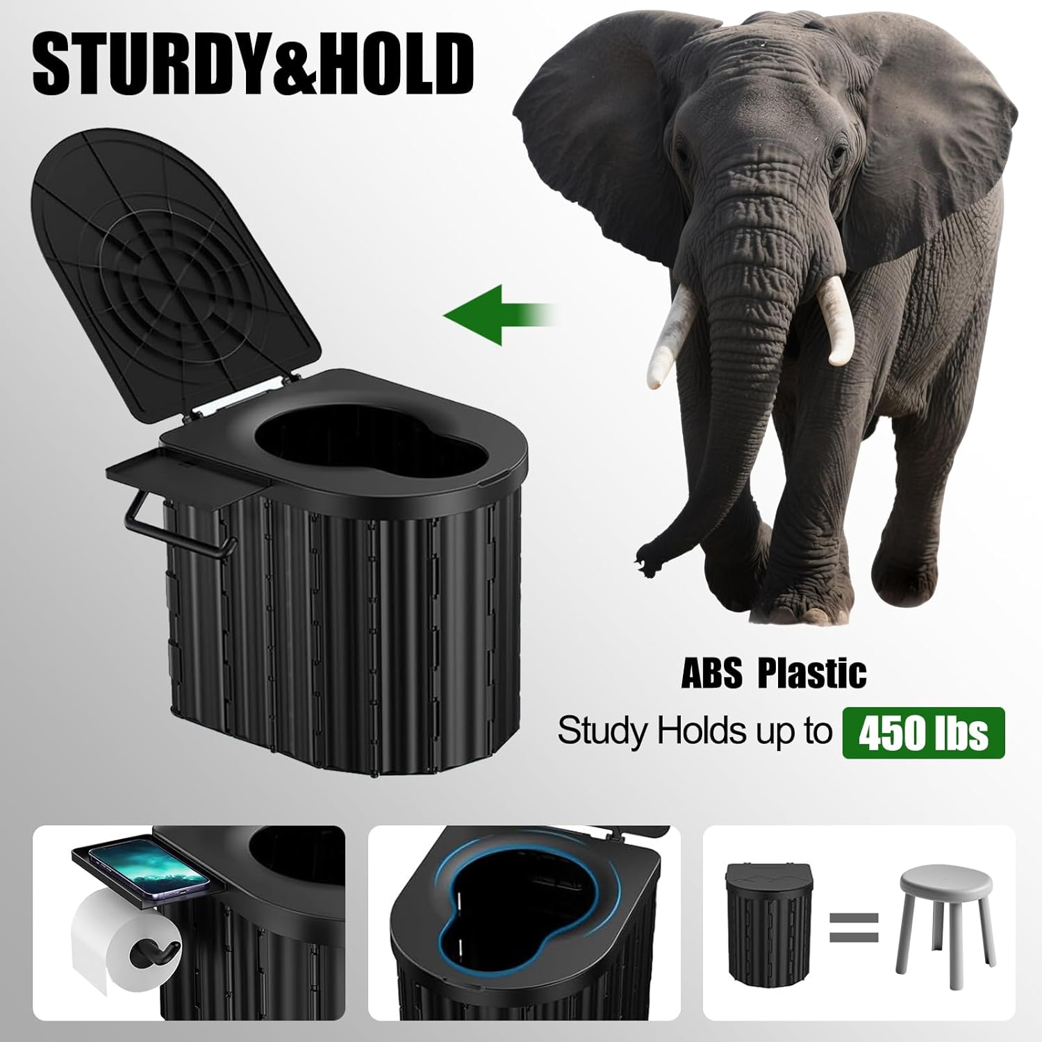 大人用ポータブルトイレ、アップグレードされた高さ15インチの折りたたみ式キャンプトイレ、蓋と取り外し可能なペーパーホルダー付き旅行用