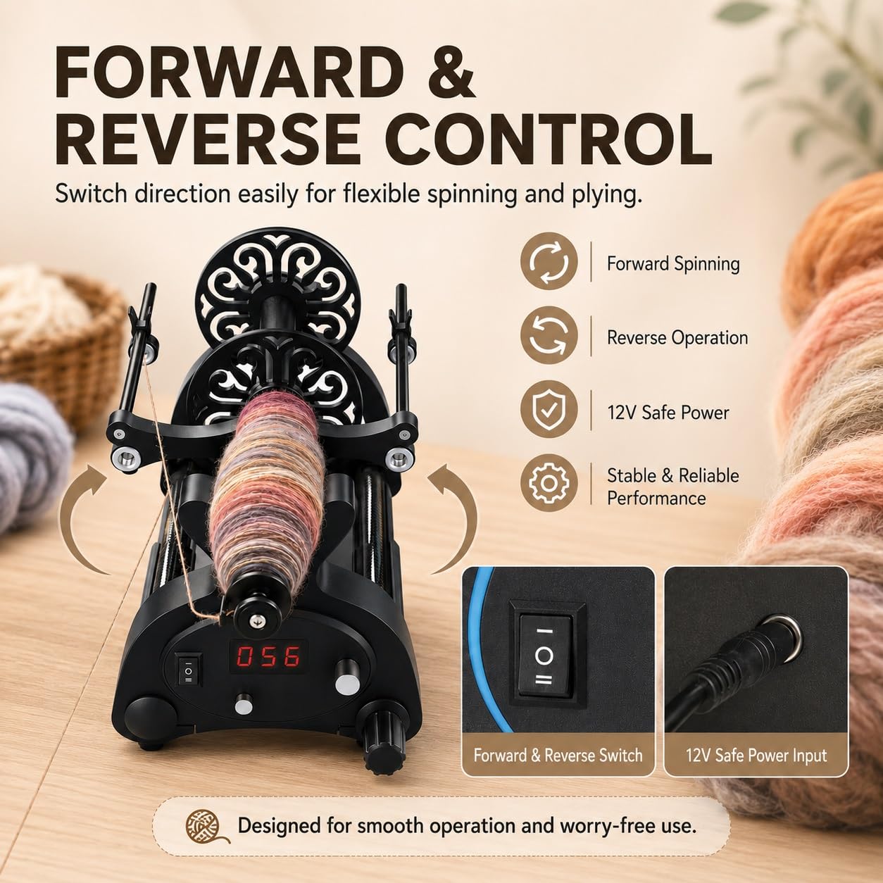 Rueda giratoria eléctrica de lana, bobinadora de bolas de fibra de 12 V con carrete doble de 120 g/240 g, giratorio de hilo con pantalla digital, hacia adelante y hacia atrás para torsión de lana