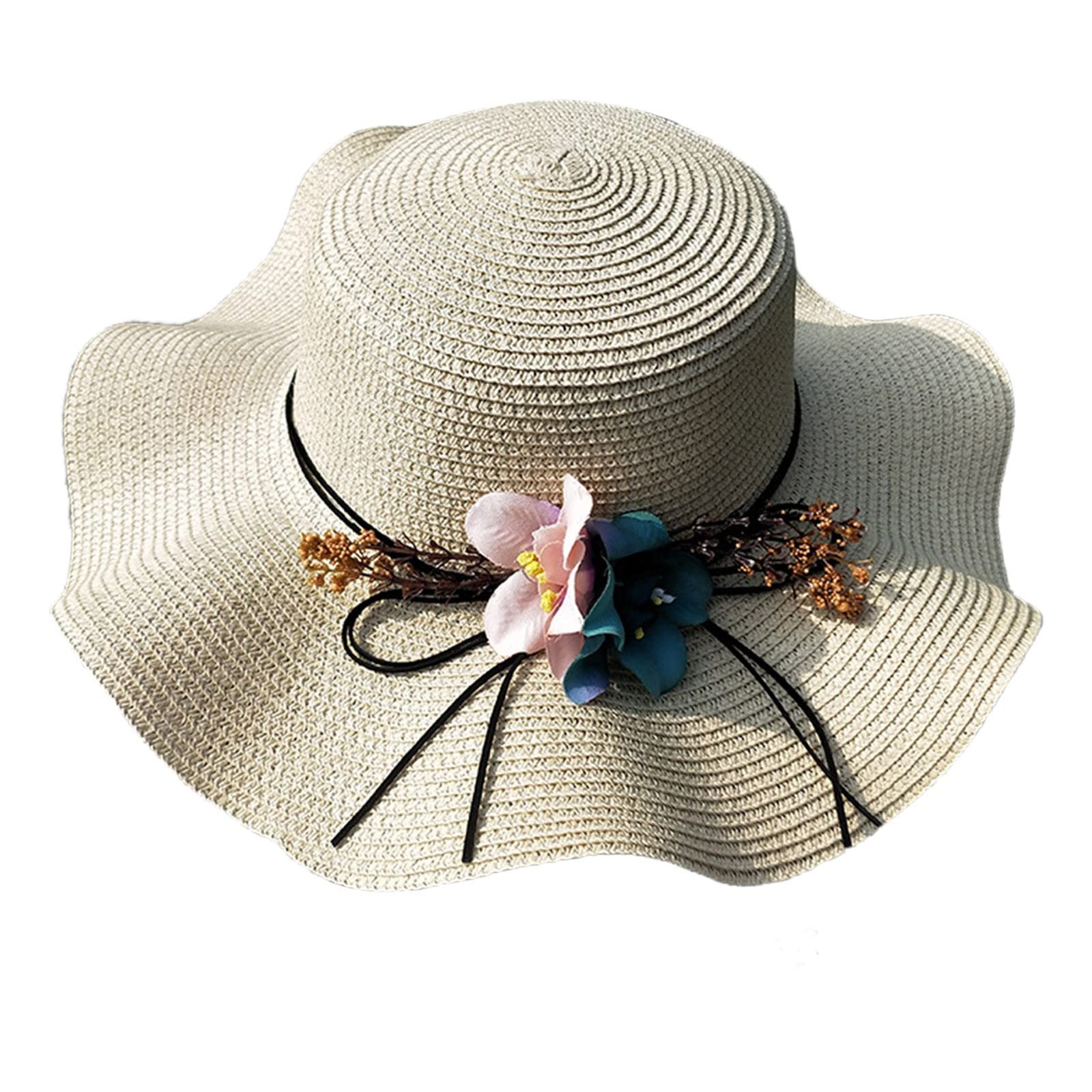 Generic Sombrero de sol para mujer, ajustable, sombrero de paja con flores, para exteriores, aleros grandes, protección solar, gorra de playa ajustable