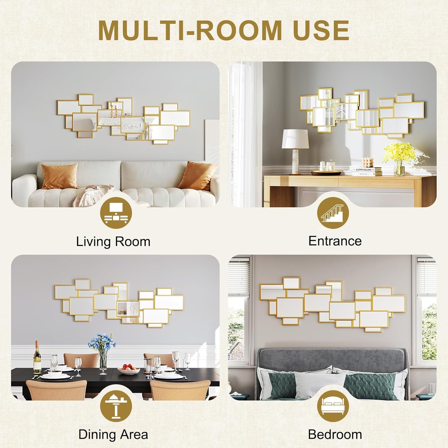 CozyDH Gold Wall Art Mirrors Decor - Decorative Boho Mirror with Metal Frame, Modern Large Wall Sculptures for Living Room, Dining Room, Entryway, Hallway, Bedroom, 51"X19"