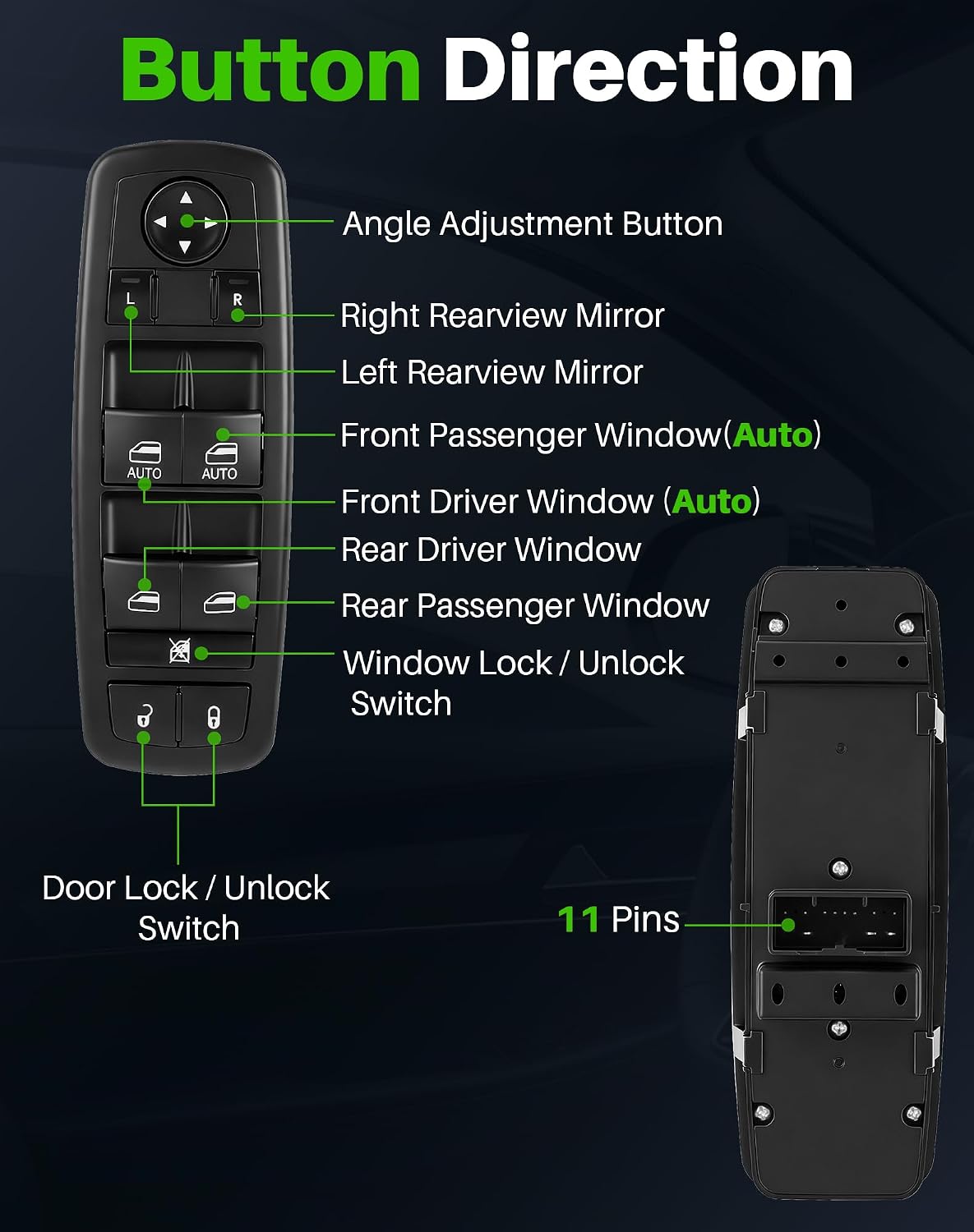 Power Window Switch Fit for Ram 1500/2500/3500 (2016-2018), Dodge Charger (2011-2019), Chrysler 200 (2015-2017), Chrysler 300 (2011-2020) Front Driver Side, Replaces 68139805AB, 56046823AE