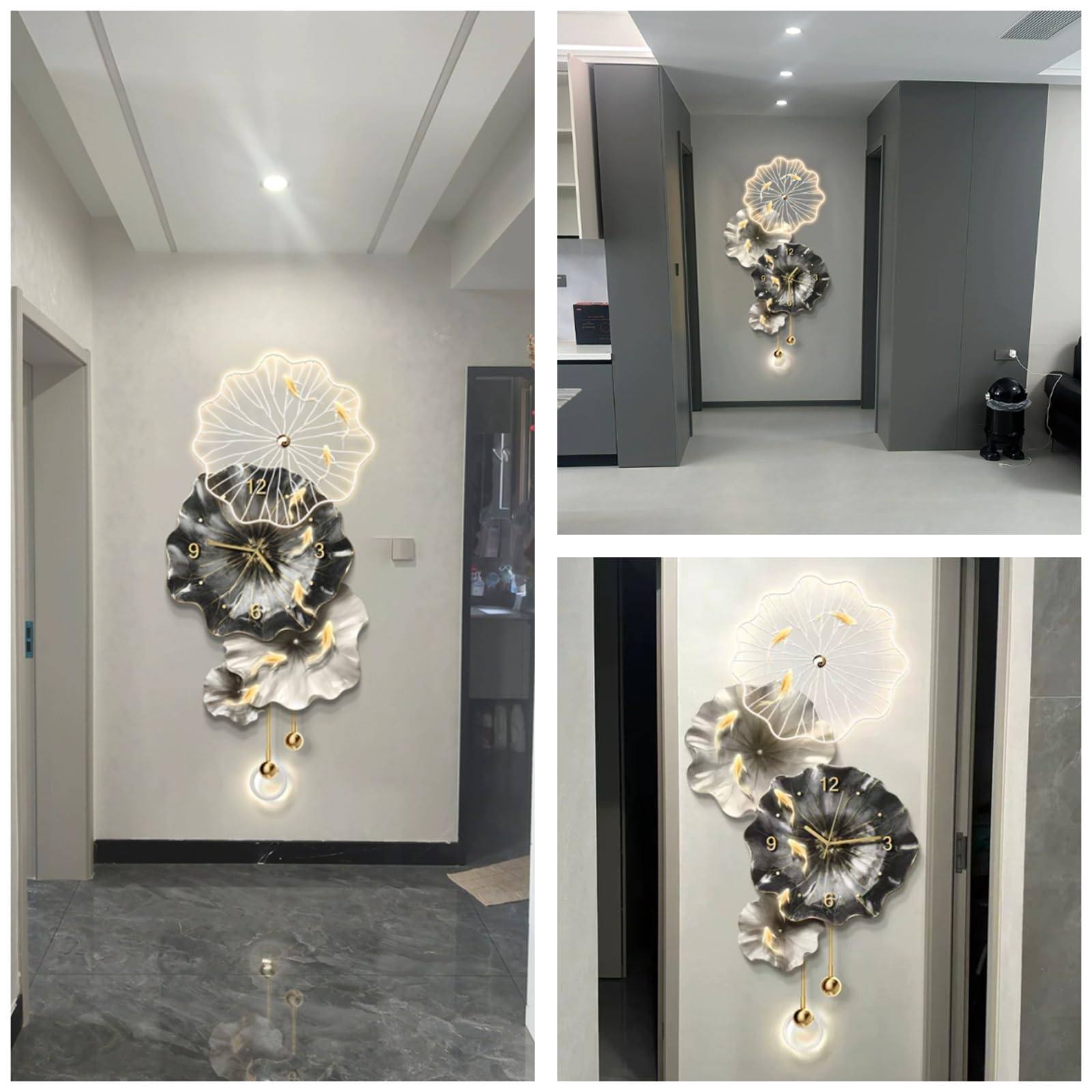 Orologio da Parete 3D Moderno con Luce LED, Grande Quadro Decorativo da Appendere, Orologio Decorativo per la casa, Lampada per Cucina, Soggiorno o Sala da Pranzo, Ingresso (Nero, 15,7 * 33,8"